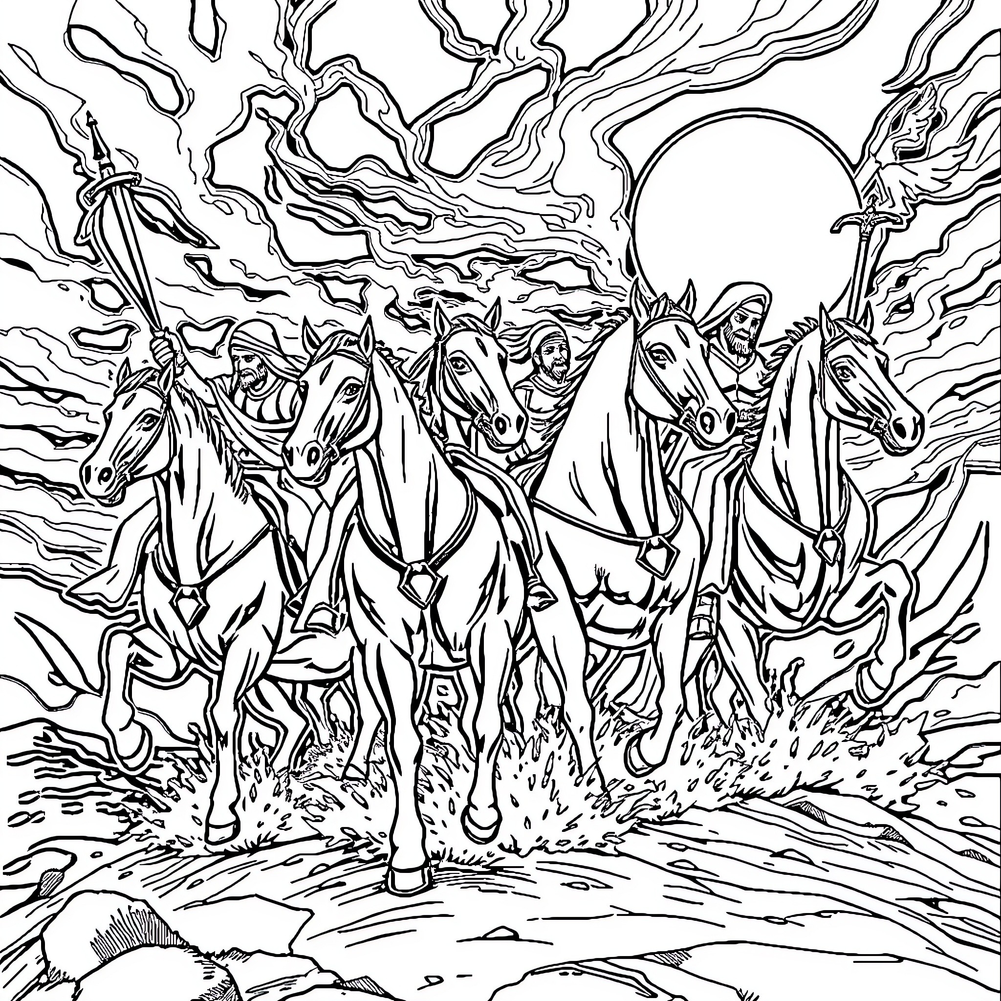 Horseman leading a gallant charge through a stormy landscape Coloring Page (free black-and-white line drawing printable PDF for all, from beginners to advanced learners, including children, teens, adults, and seniors)