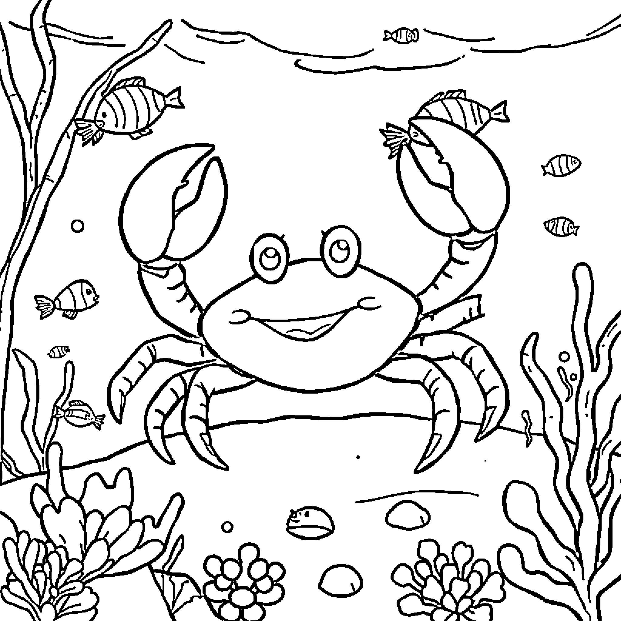 Crab exploring the underwater reef Coloring Page (free black-and-white line drawing printable PDF for all, from beginners to advanced learners, including children, teens, adults, and seniors)