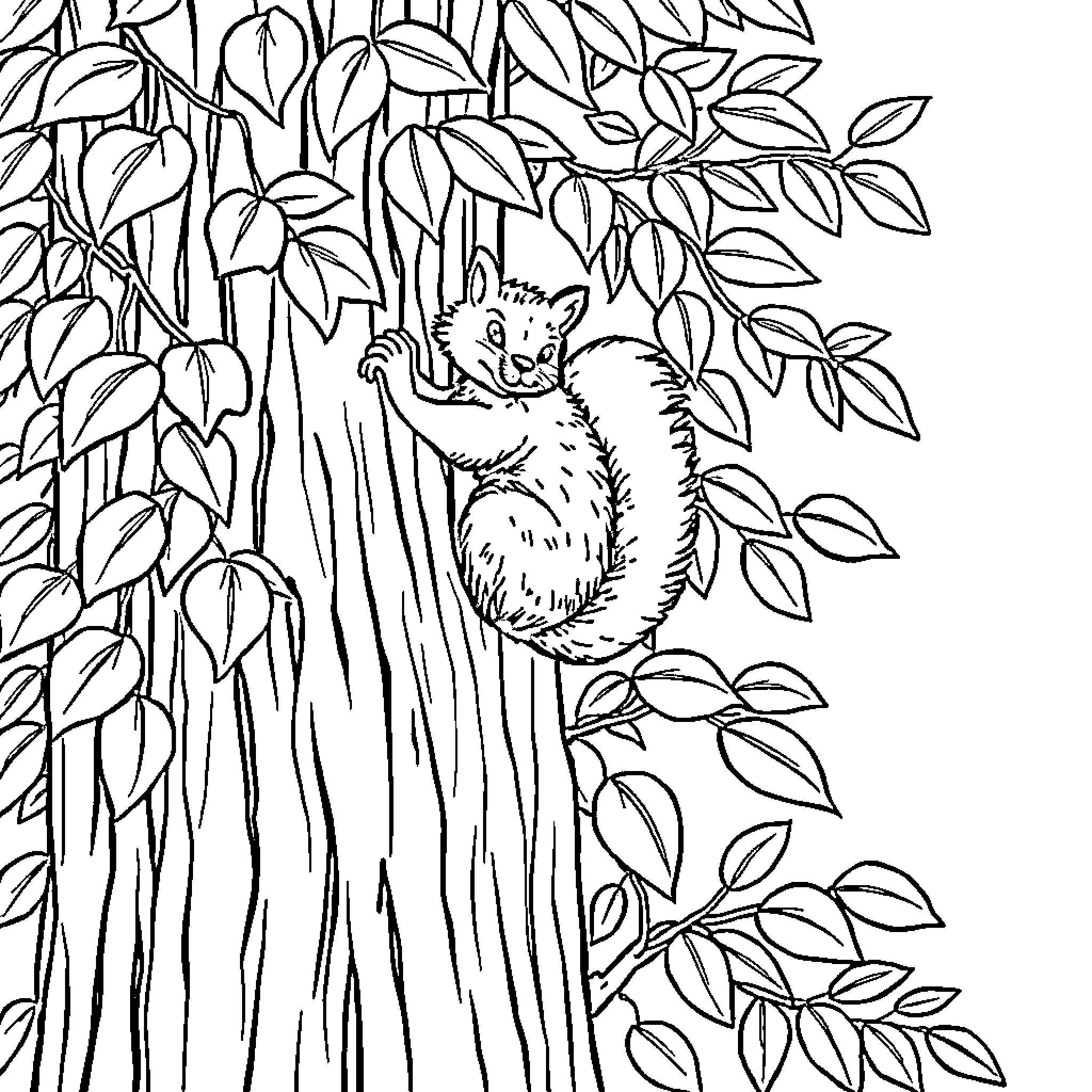 Squirrel climbing up the tree trunk Coloring Page (free black-and-white line drawing printable PDF for all, from beginners to advanced learners, including children, teens, adults, and seniors)
