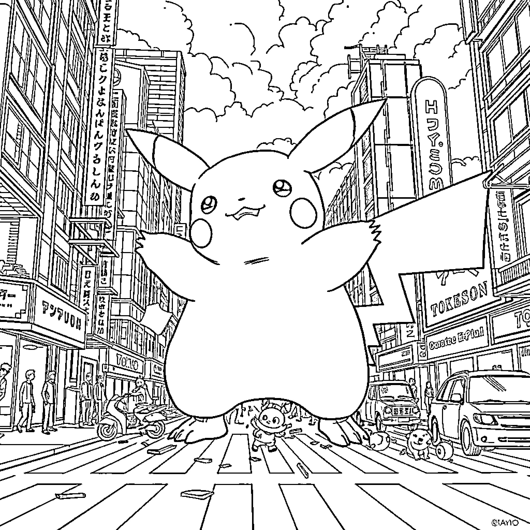 Pikachu exploring the bustling city streets Coloring Page (free black-and-white line drawing printable PDF for all, from beginners to advanced learners, including children, teens, adults, and seniors)