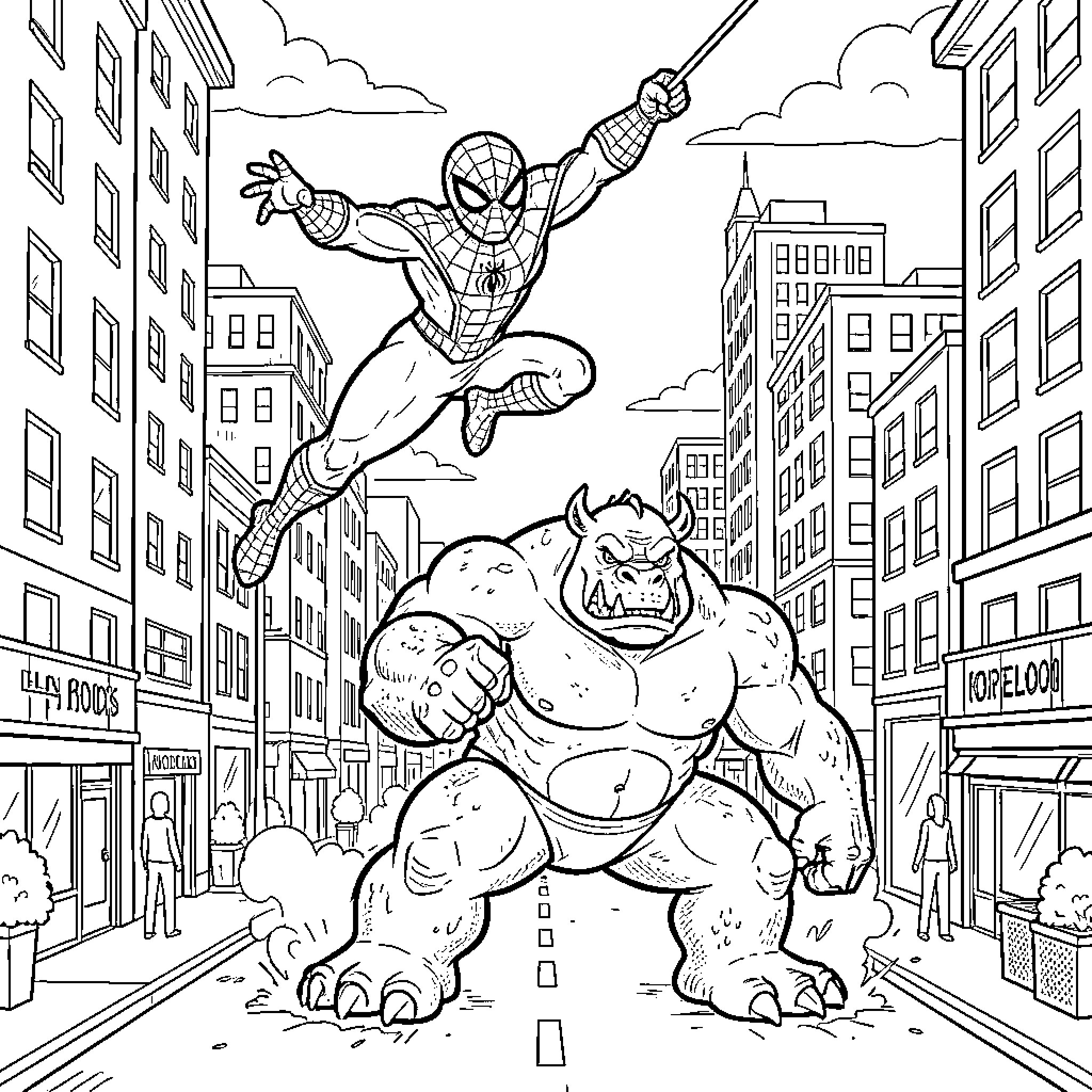 Spidey swings into action against massive foe Coloring Page (free black-and-white line drawing printable PDF for all, from beginners to advanced learners, including children, teens, adults, and seniors)