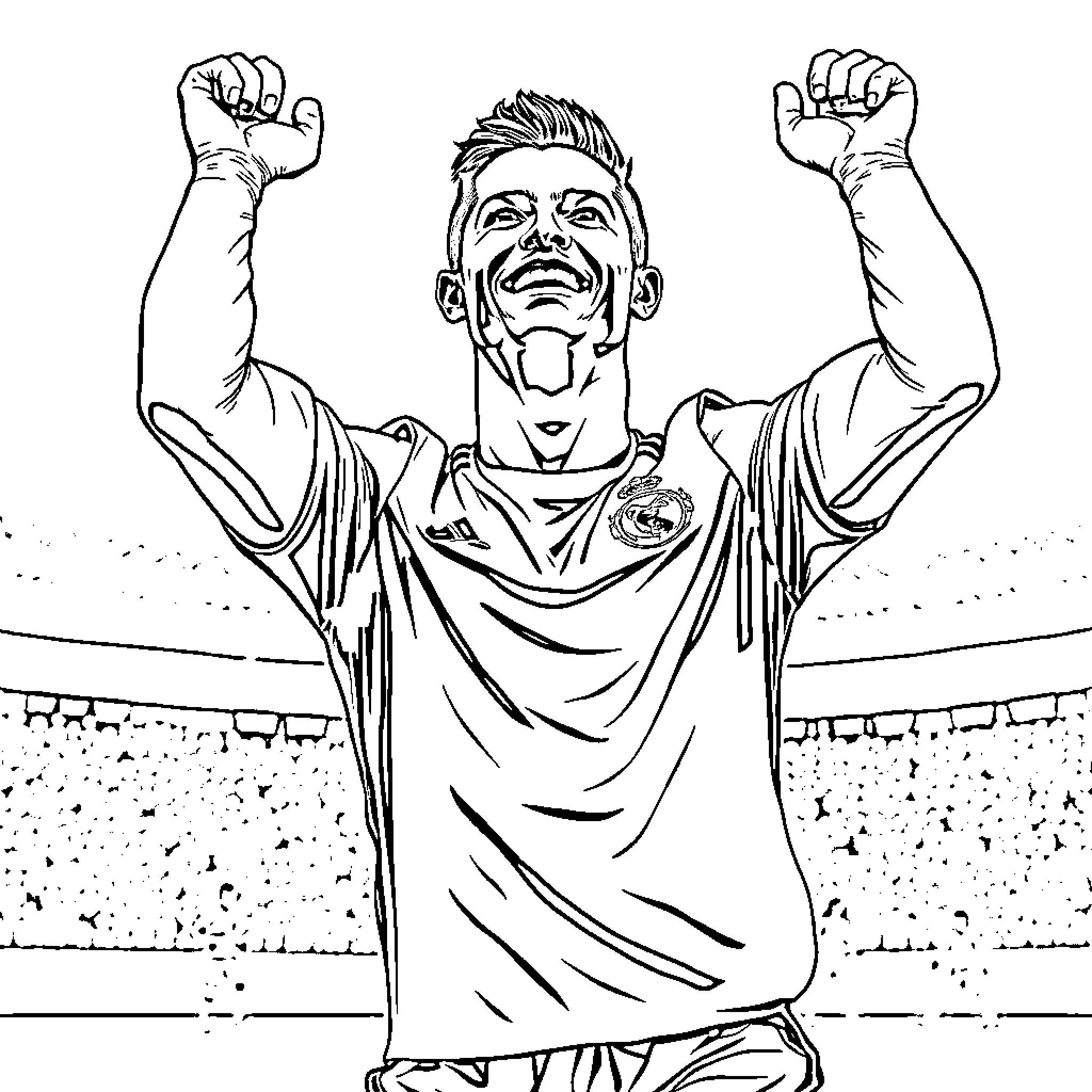 Cristiano Ronaldo celebrates victory with arms raised Coloring Page (free black-and-white line drawing printable PDF for all, from beginners to advanced learners, including children, teens, adults, and seniors)
