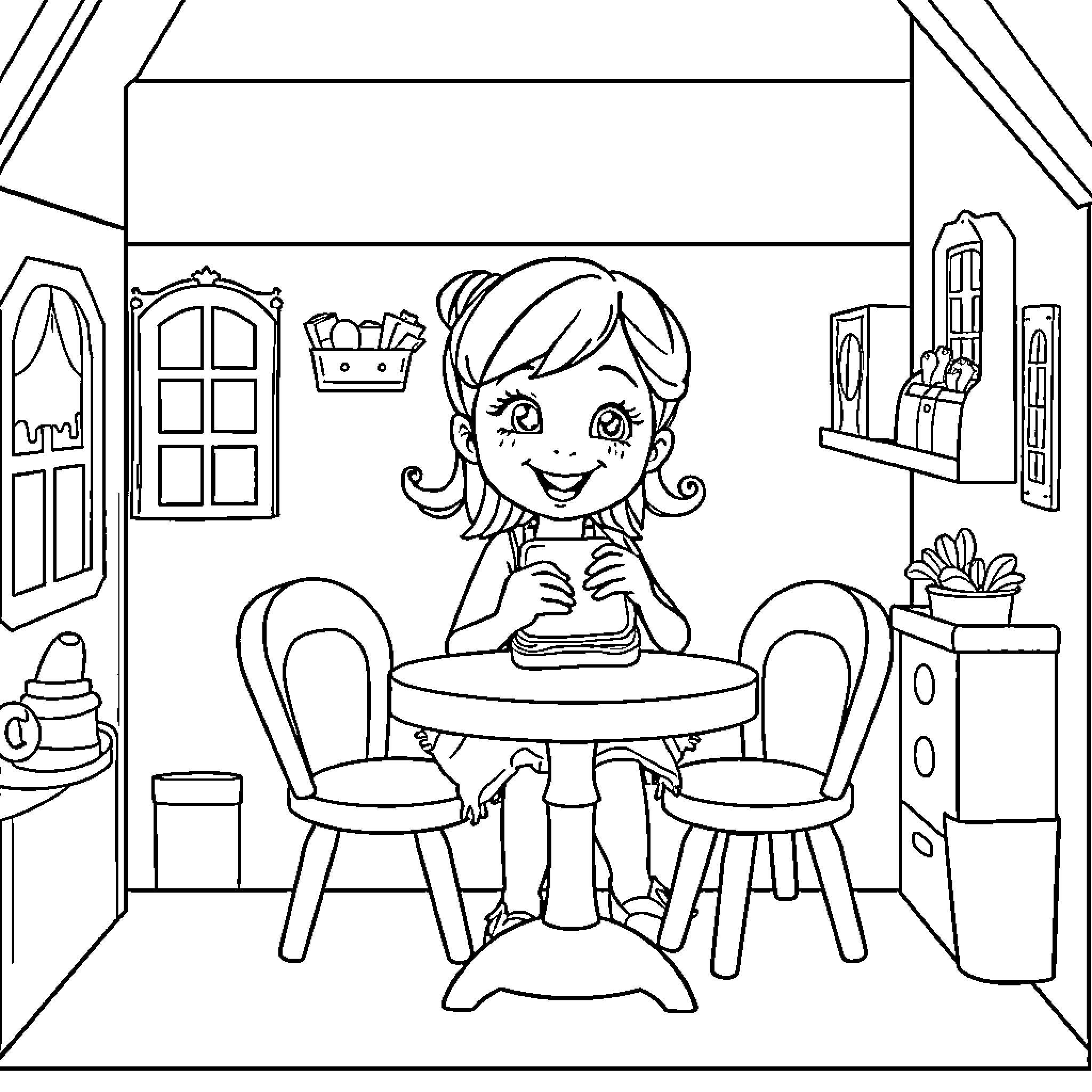 Dollhouse Filled with Adorable Girl Coloring Page (free black-and-white line drawing printable PDF for all, from beginners to advanced learners, including children, teens, adults, and seniors)