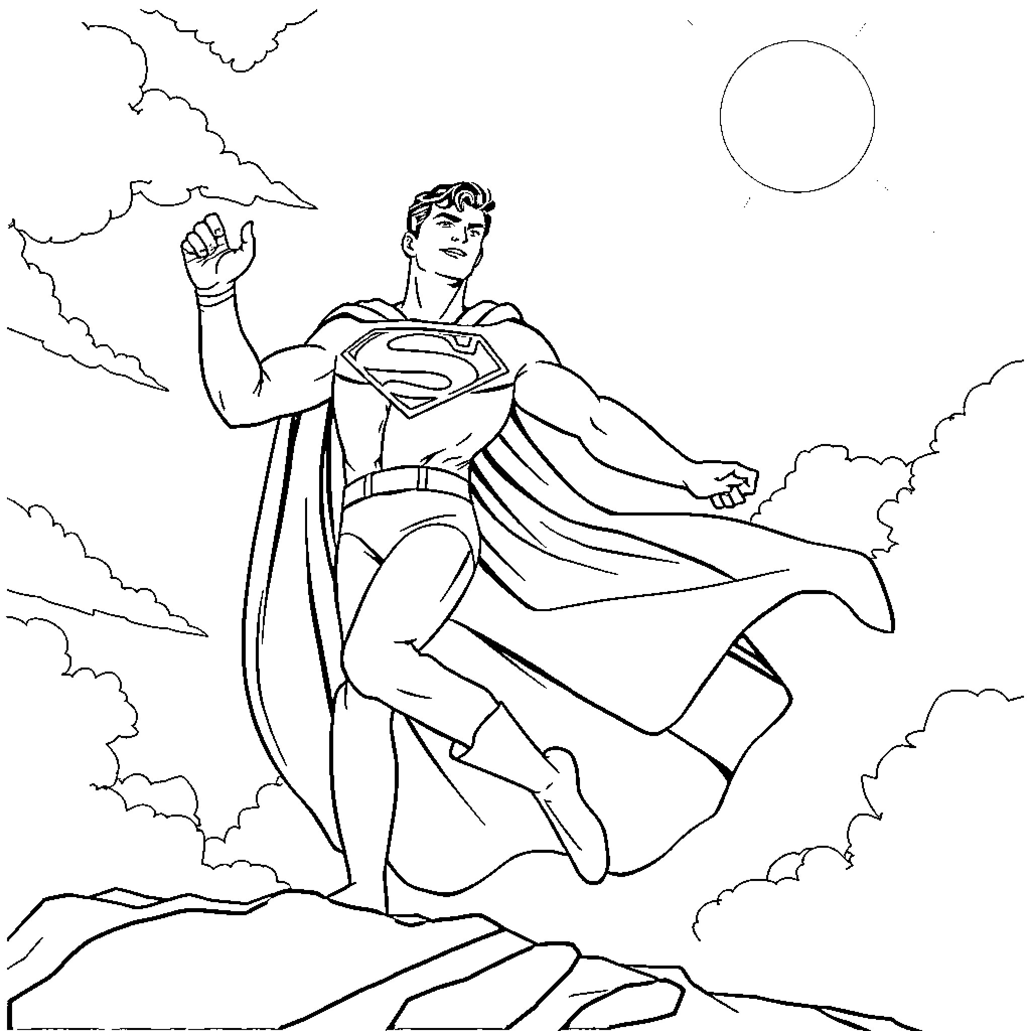Superman taking heroic action against the sky Coloring Page (free black-and-white line drawing printable PDF for all, from beginners to advanced learners, including children, teens, adults, and seniors)