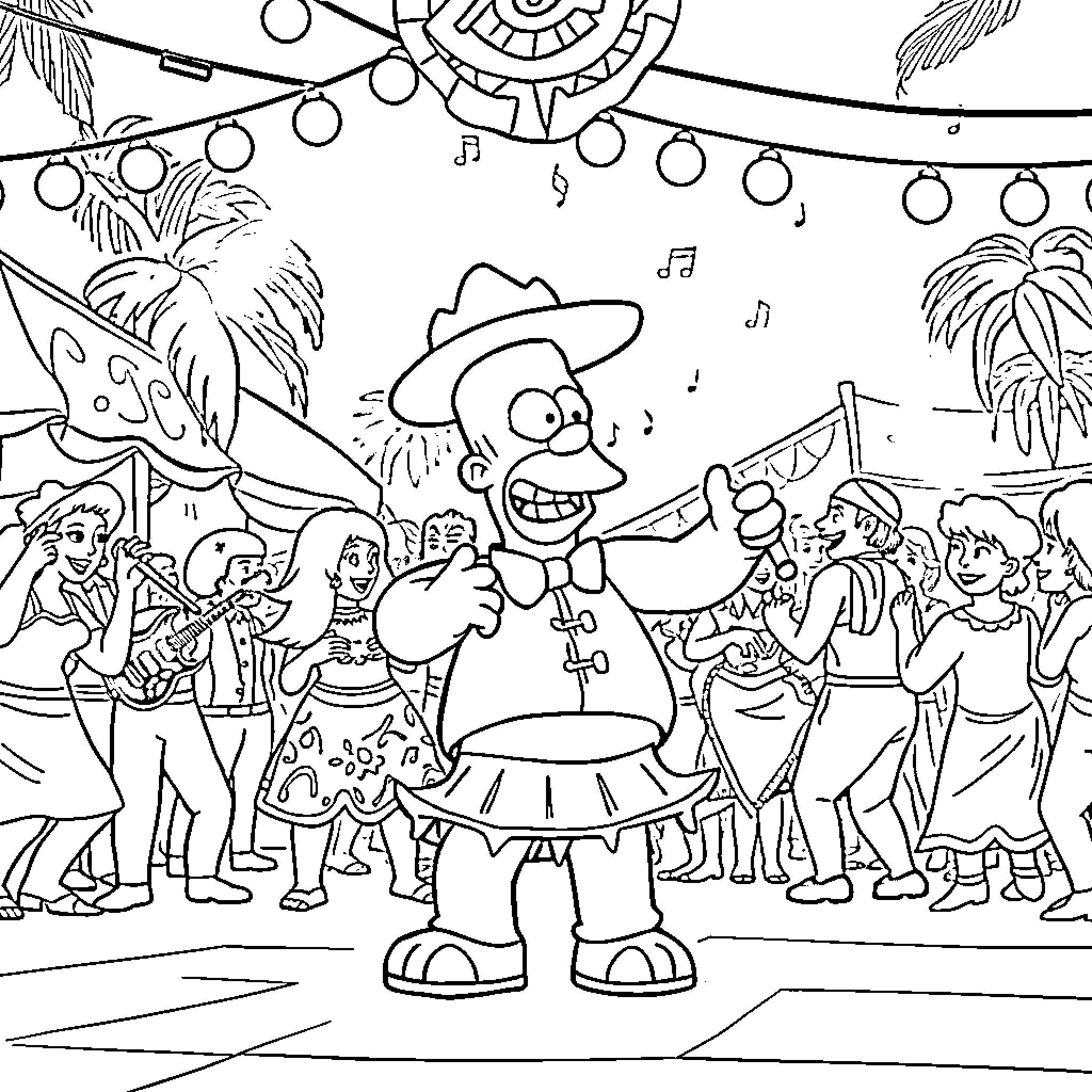 Homer's Festive Fiesta with Friends and Family Coloring Page (free black-and-white line drawing printable PDF for all, from beginners to advanced learners, including children, teens, adults, and seniors)