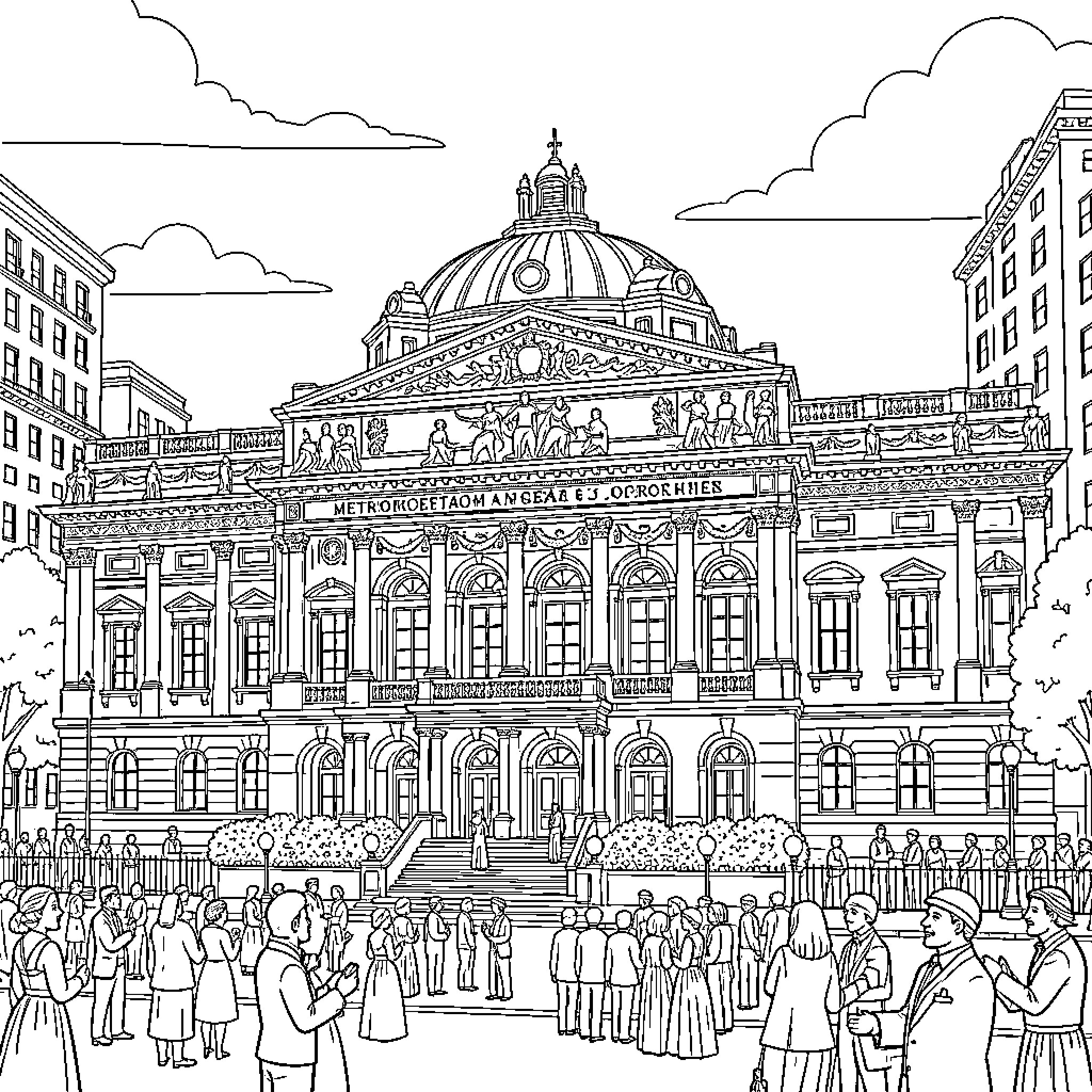 Opera House with crowds gathering in front of the entrance Coloring Page (free black-and-white line drawing printable PDF for all, from beginners to advanced learners, including children, teens, adults, and seniors)