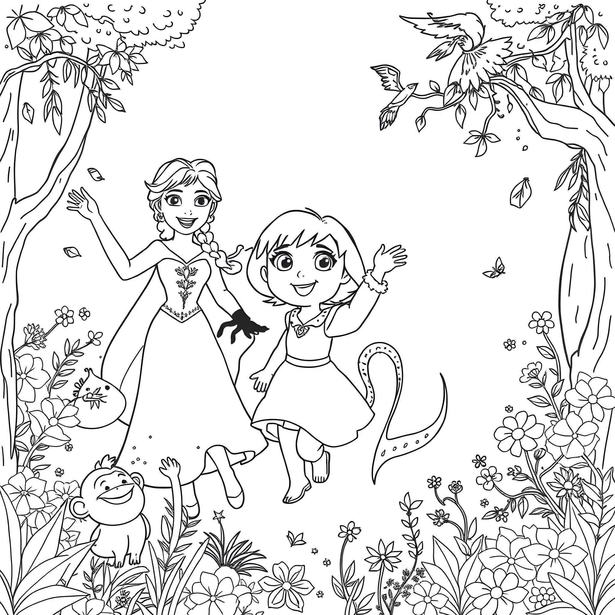 Anna and Elsa playing happily in the enchanted forest Coloring Page (free black-and-white line drawing printable PDF for all, from beginners to advanced learners, including children, teens, adults, and seniors)
