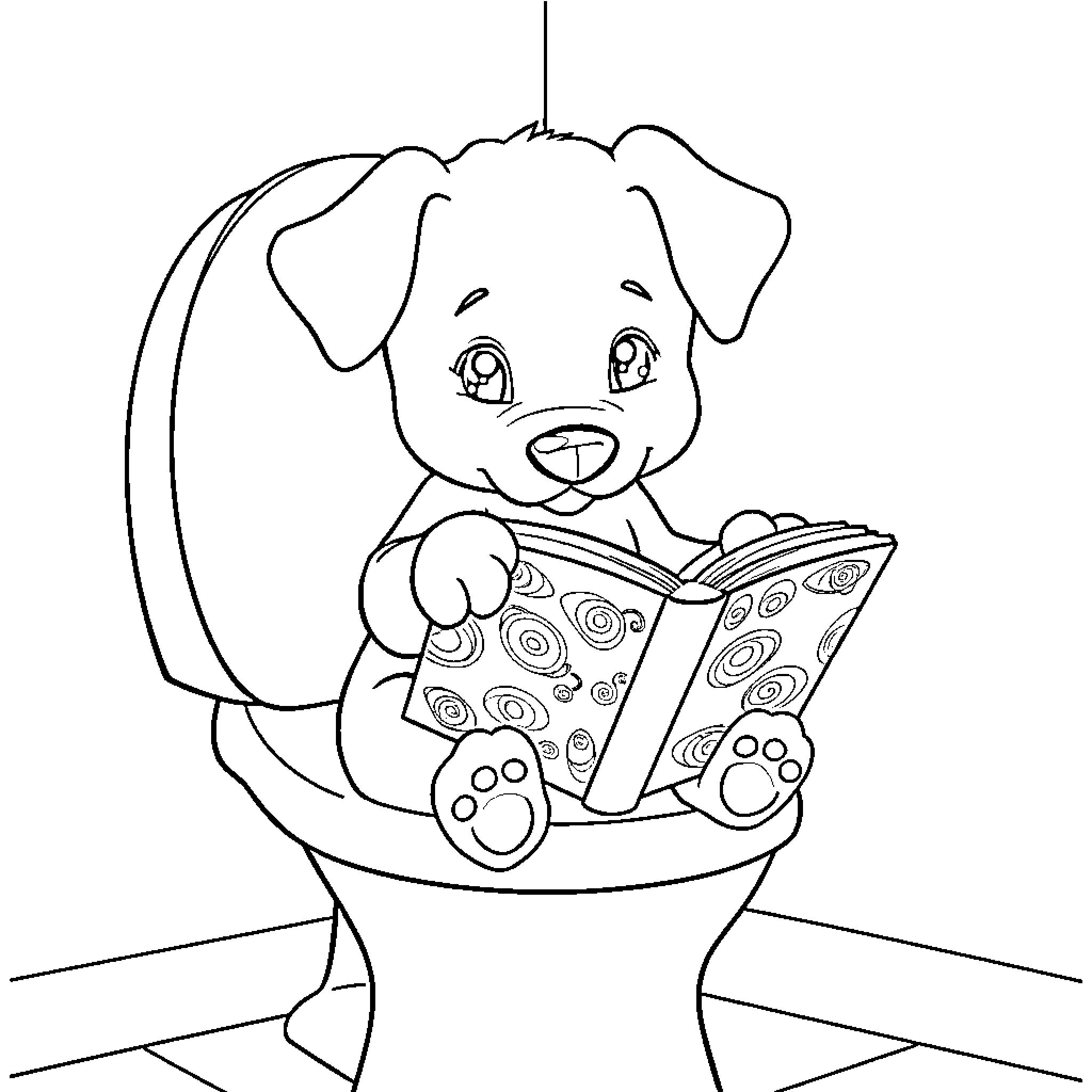 Bluey reading a book happily Coloring Page (free black-and-white line drawing printable PDF for all, from beginners to advanced learners, including children, teens, adults, and seniors)