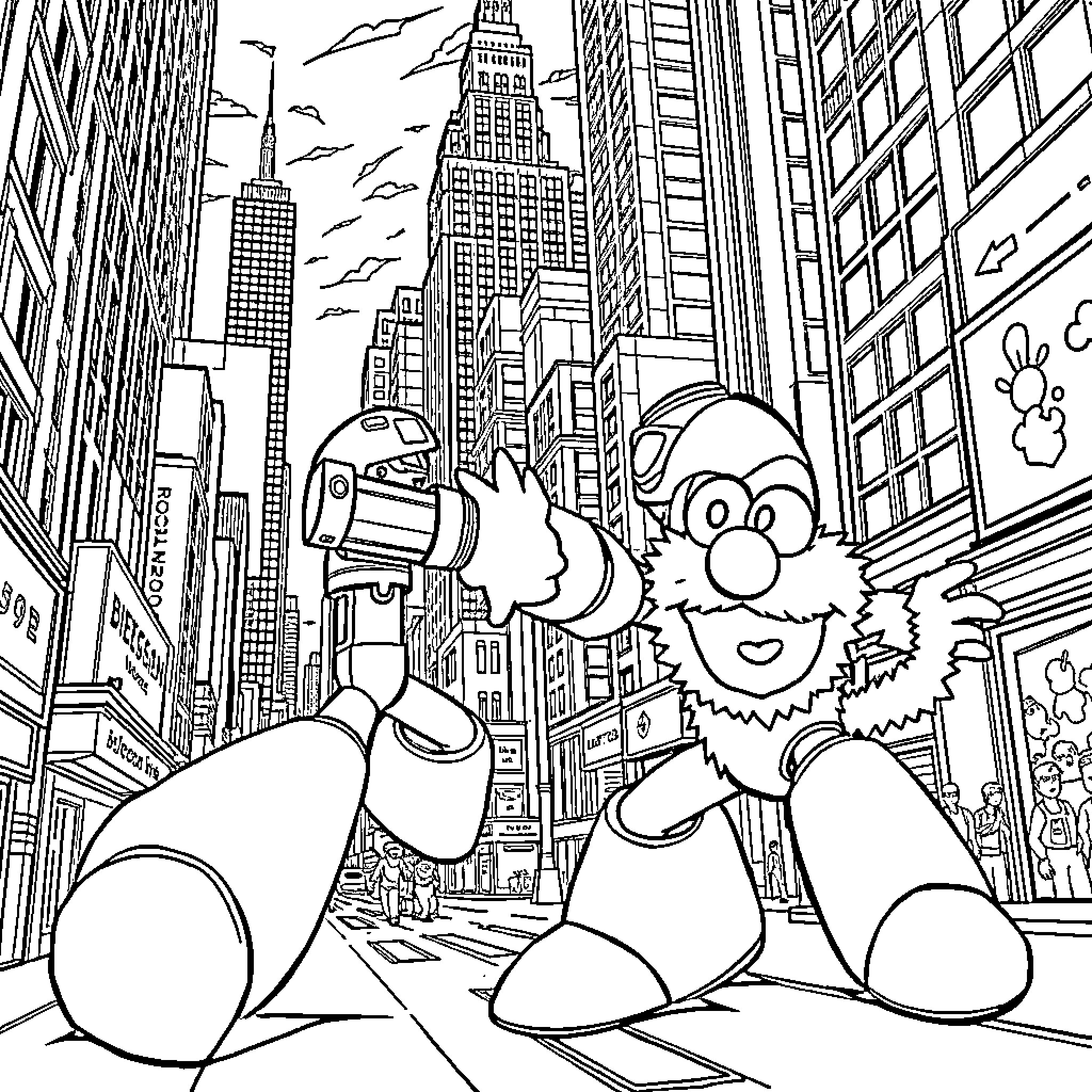 Megaman and friends explore the bustling city Coloring Page (free black-and-white line drawing printable PDF for all, from beginners to advanced learners, including children, teens, adults, and seniors)