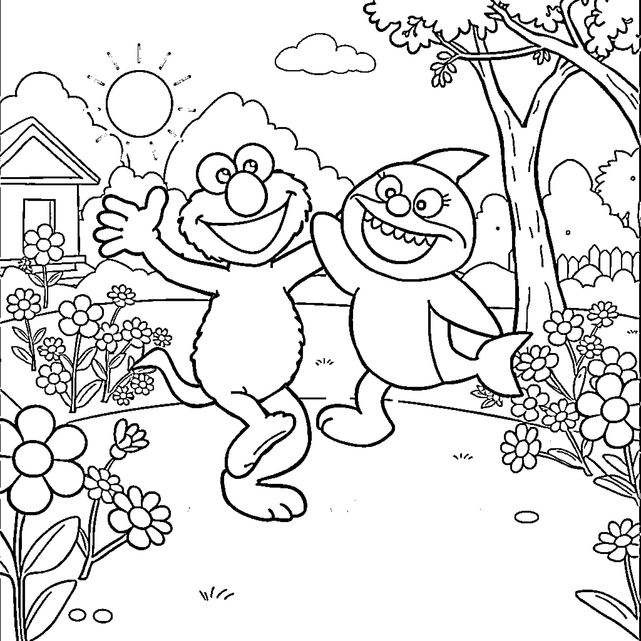 Elmo and Monsters Playing in Colorful Garden Coloring Page (free black-and-white line drawing printable PDF for all, from beginners to advanced learners, including children, teens, adults, and seniors)