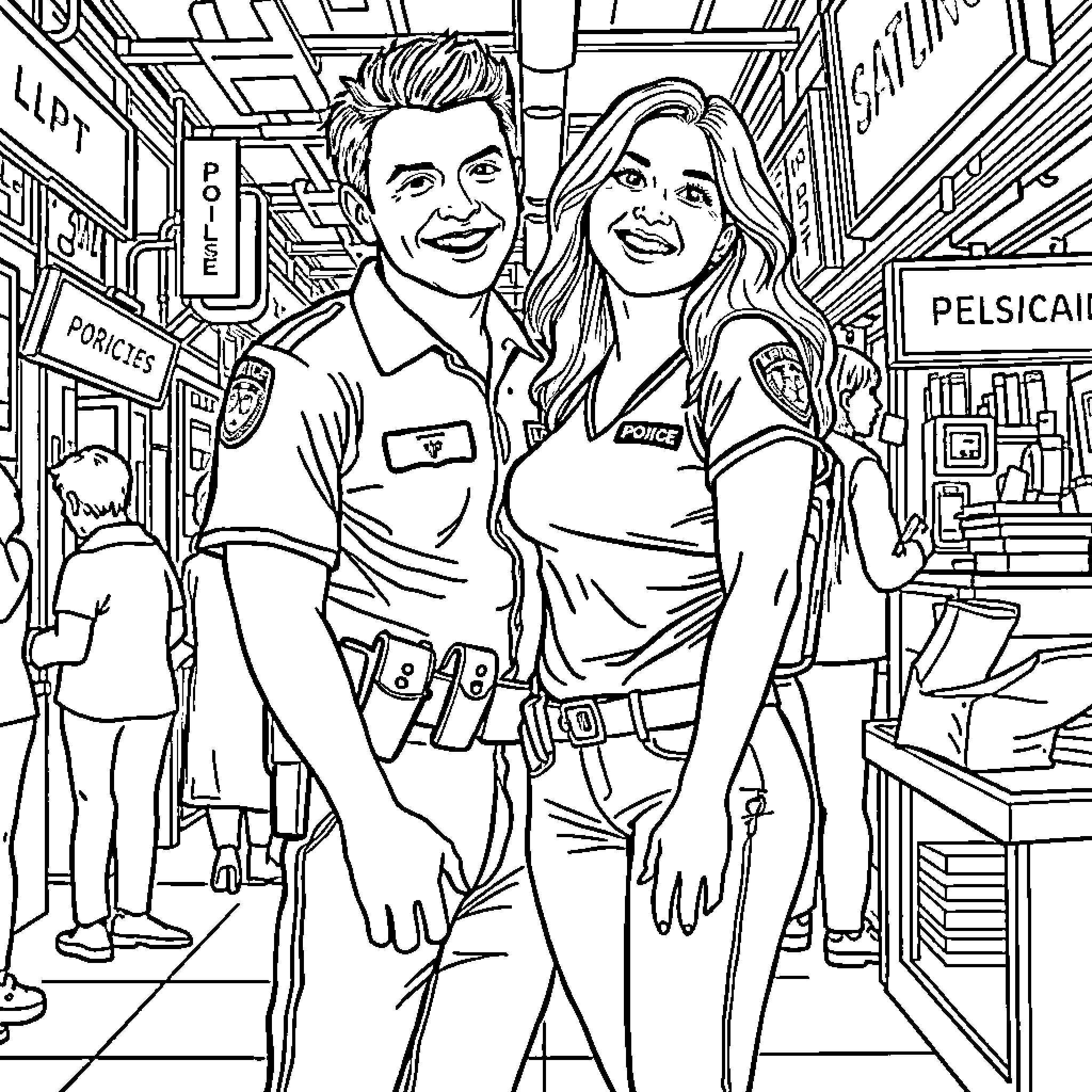 Jake Peralta and his colleague in the police station Coloring Page (free black-and-white line drawing printable PDF for all, from beginners to advanced learners, including children, teens, adults, and seniors)
