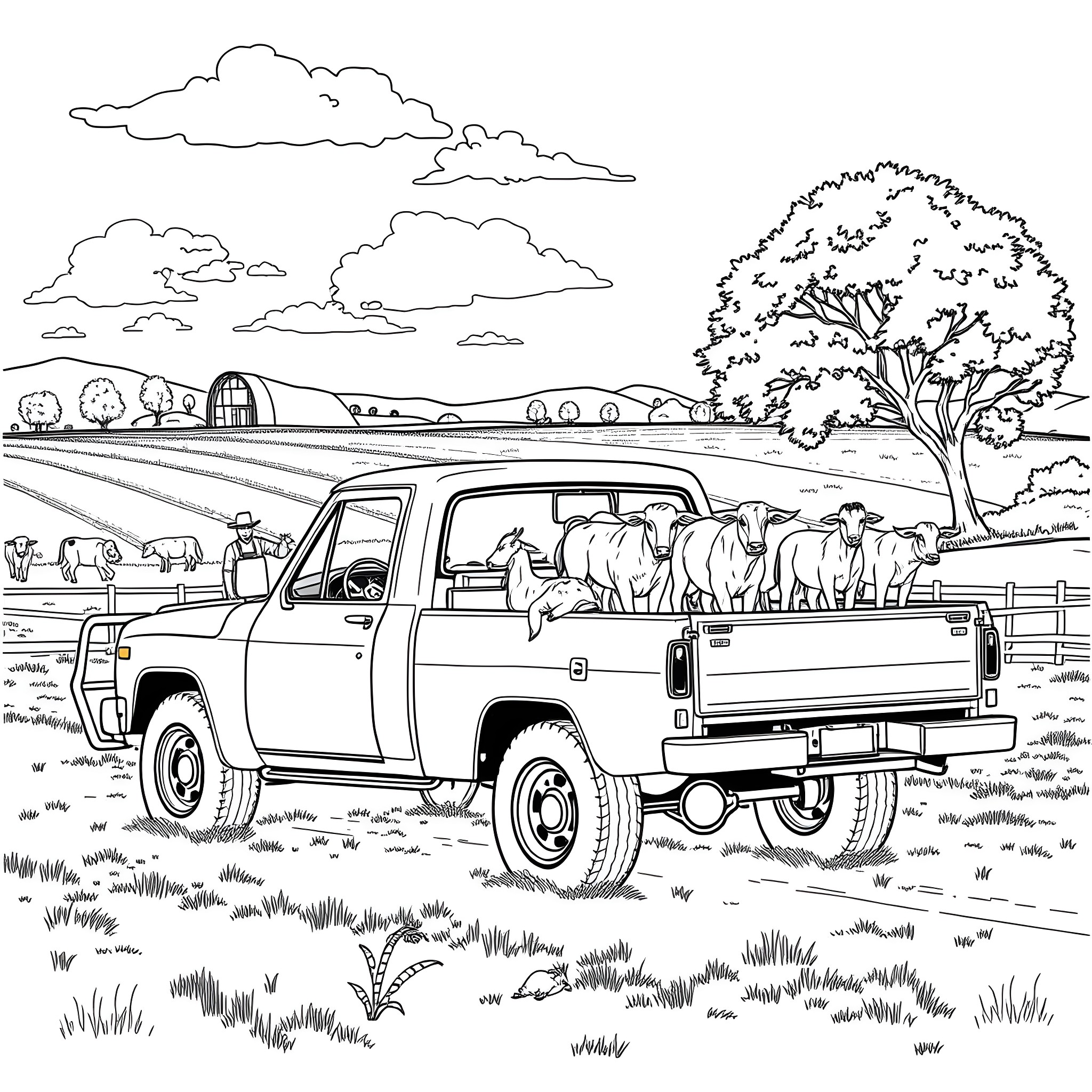 Livestock transport vehicle carrying animals in rural landscape Coloring Page (free black-and-white line drawing printable PDF for all, from beginners to advanced learners, including children, teens, adults, and seniors)