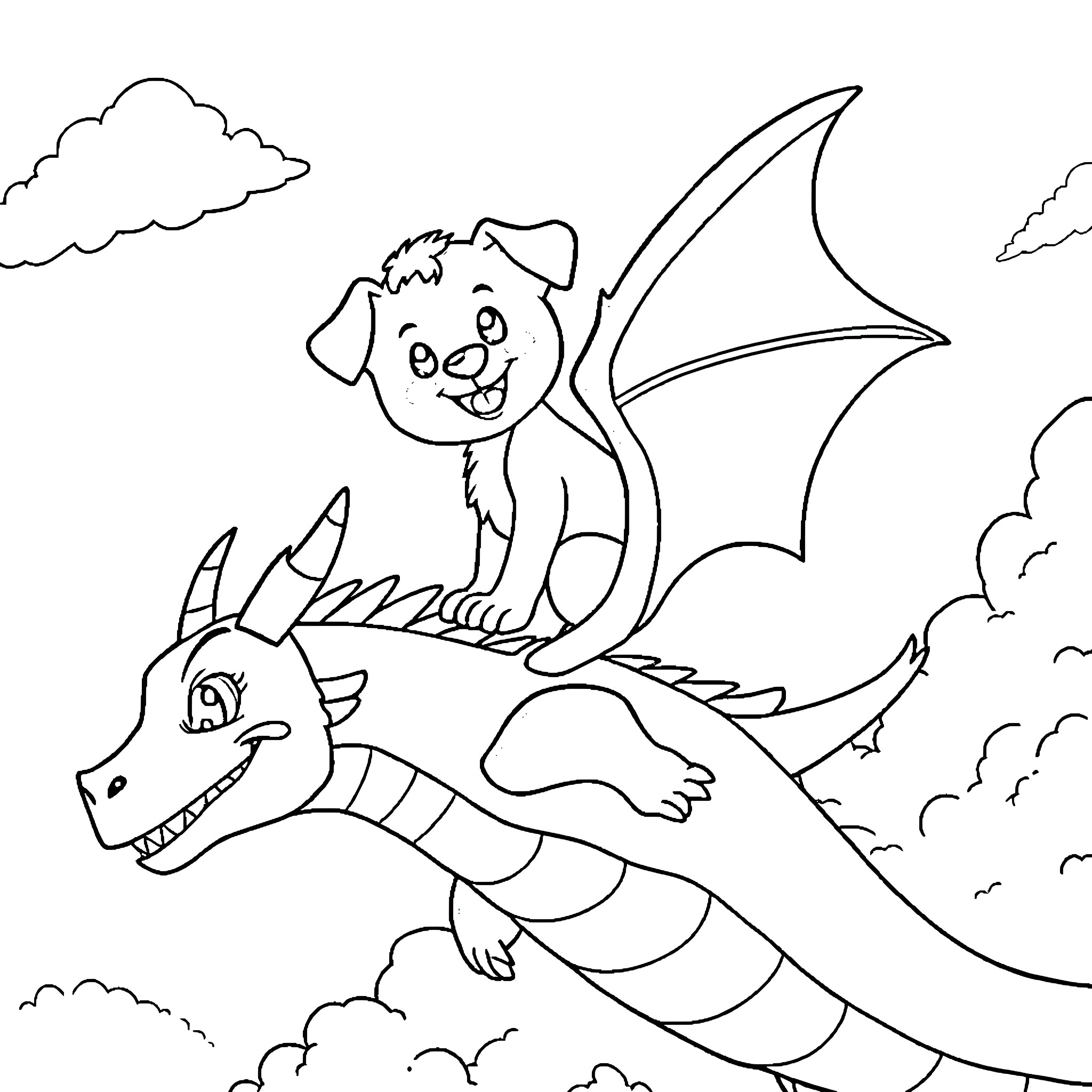Puppy riding playfully on a dragon Coloring Page (free black-and-white line drawing printable PDF for all, from beginners to advanced learners, including children, teens, adults, and seniors)