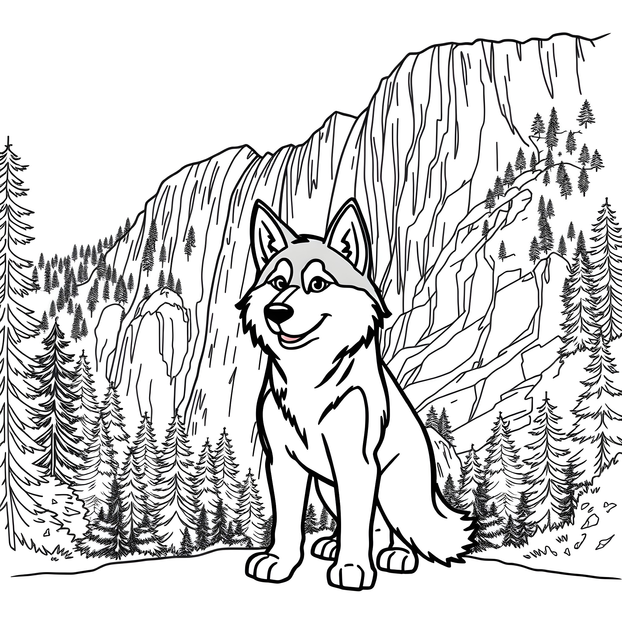 Husky exploring the majestic mountain landscape Coloring Page (free black-and-white line drawing printable PDF for all, from beginners to advanced learners, including children, teens, adults, and seniors)