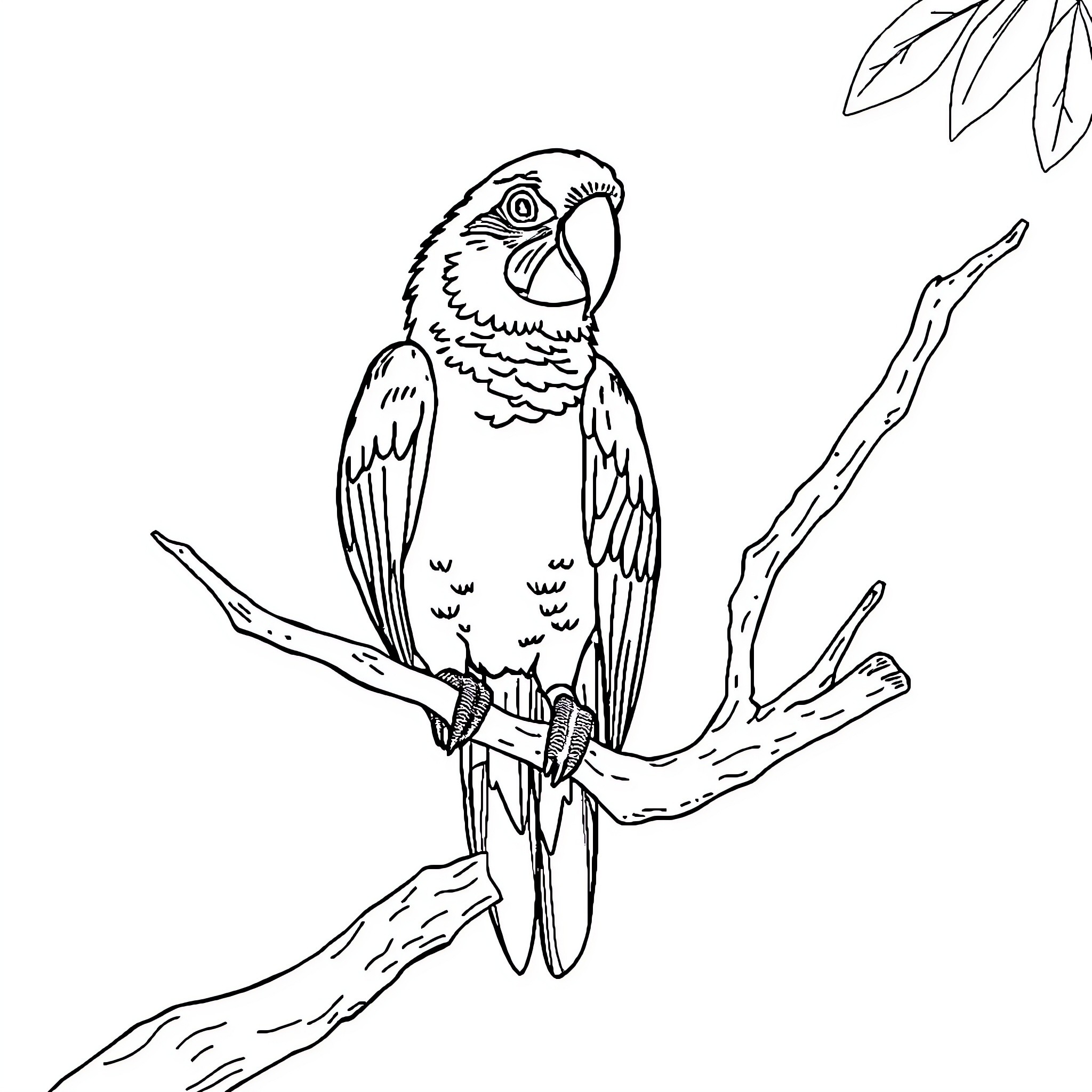 Parrot perched on a tree branch Coloring Page (free black-and-white line drawing printable PDF for all, from beginners to advanced learners, including children, teens, adults, and seniors)