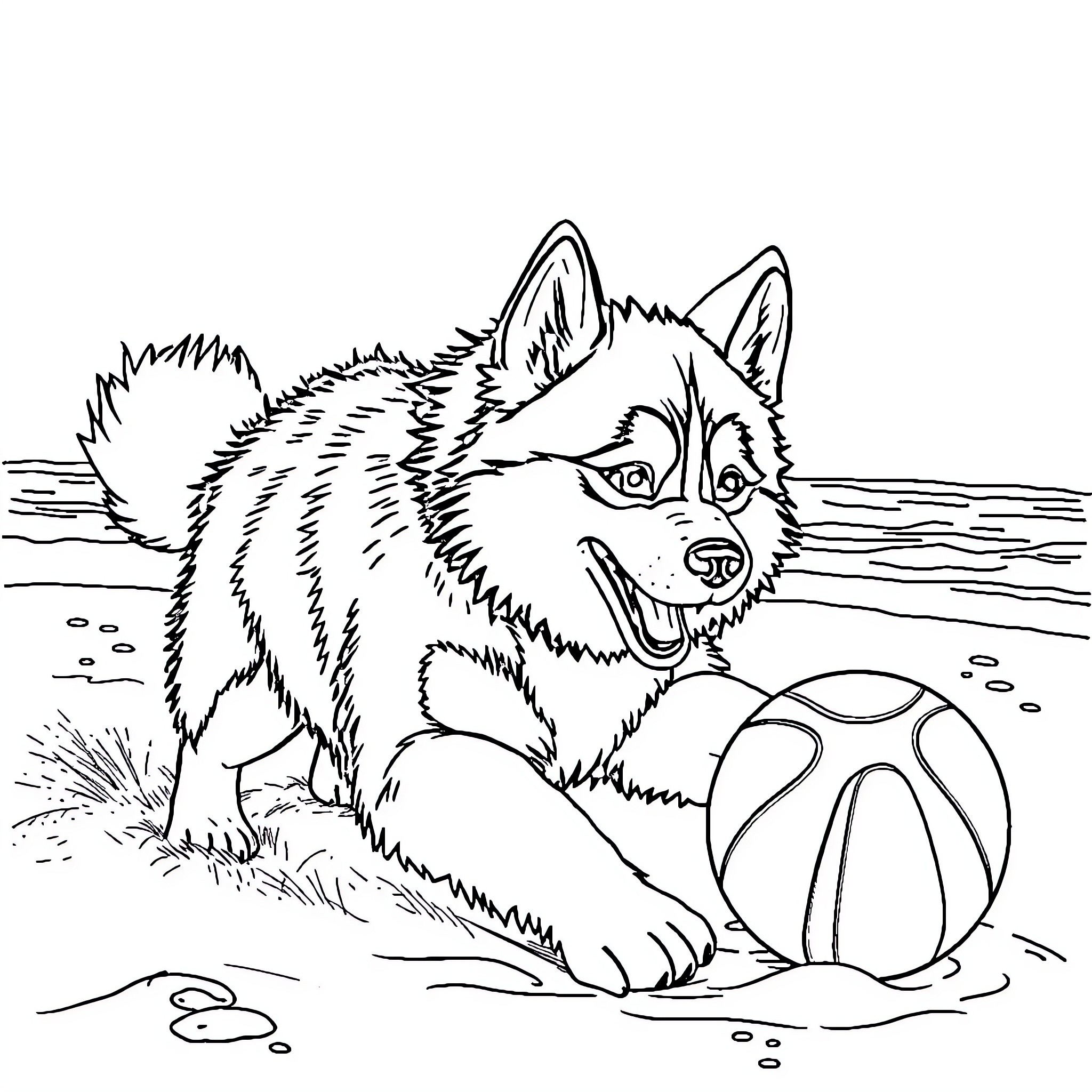 Husky playing with a ball outdoors Coloring Page (free black-and-white line drawing printable PDF for all, from beginners to advanced learners, including children, teens, adults, and seniors)