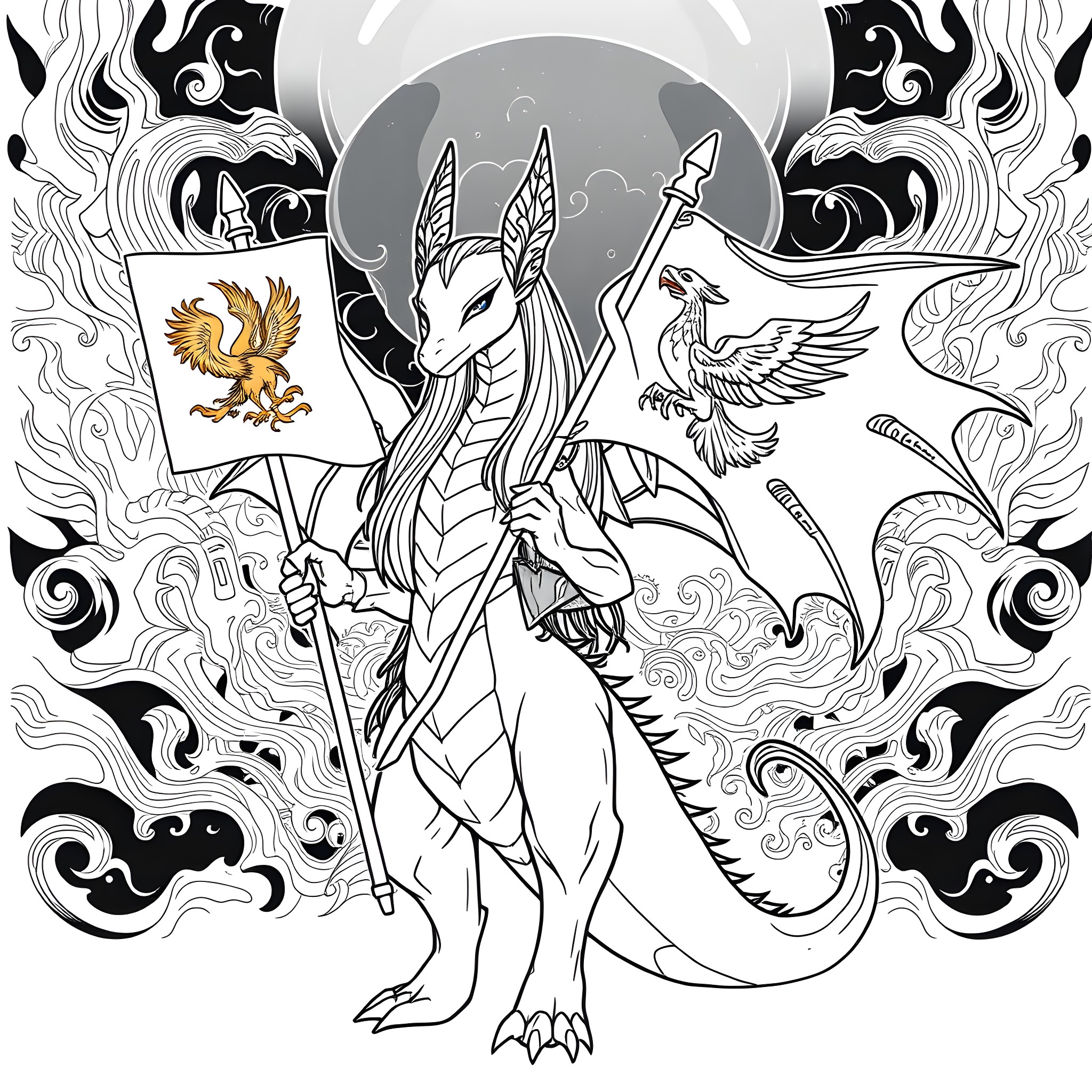Dragoness commanding mythical creatures Coloring Page (free black-and-white line drawing printable PDF for all, from beginners to advanced learners, including children, teens, adults, and seniors)