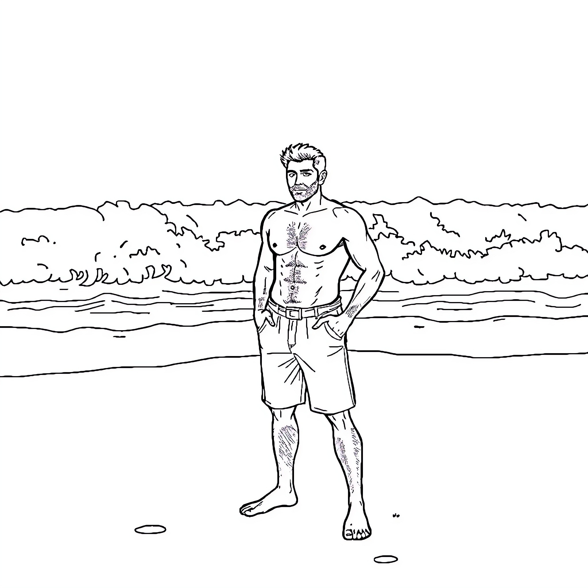 Vegeta standing confidently by the ocean Coloring Page (free black-and-white line drawing printable PDF for all, from beginners to advanced learners, including children, teens, adults, and seniors)