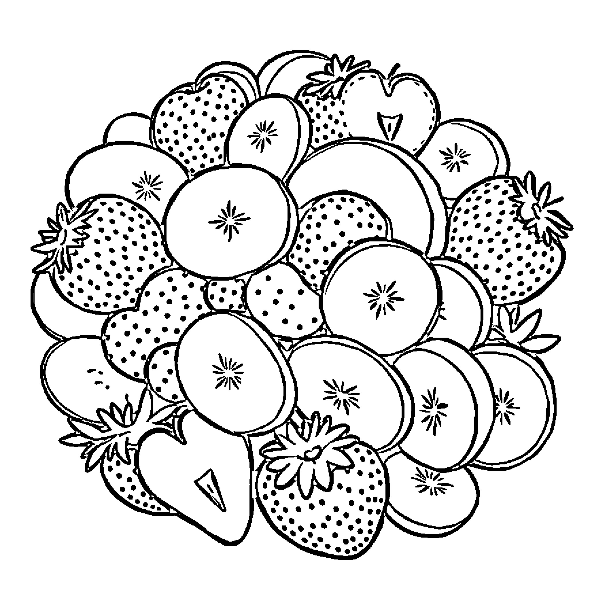 Fruit Collage of Whimsical Shapes and Patterns Coloring Page (free black-and-white line drawing printable PDF for all, from beginners to advanced learners, including children, teens, adults, and seniors)