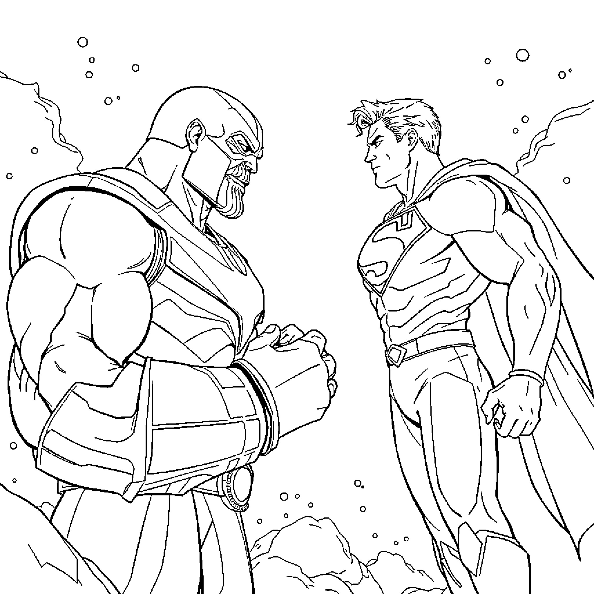 Thanos and the Superhero Confrontation Coloring Page (free black-and-white line drawing printable PDF for all, from beginners to advanced learners, including children, teens, adults, and seniors)