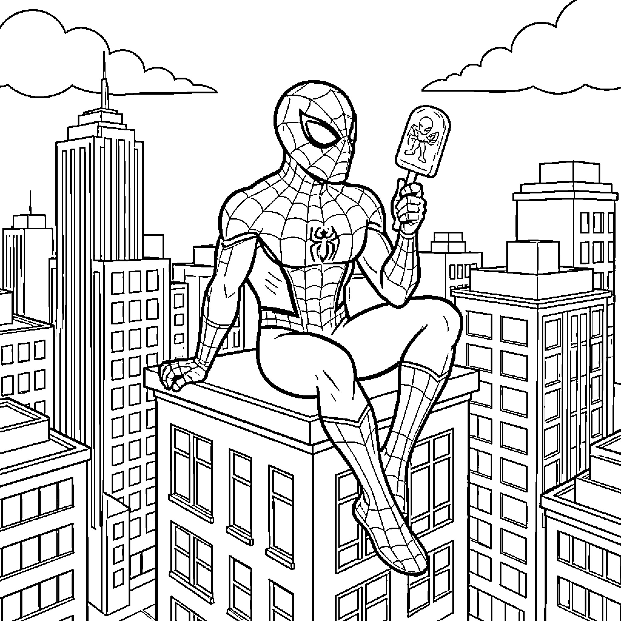Spiderman sitting on a rooftop overlooking the city Coloring Page (free black-and-white line drawing printable PDF for all, from beginners to advanced learners, including children, teens, adults, and seniors)