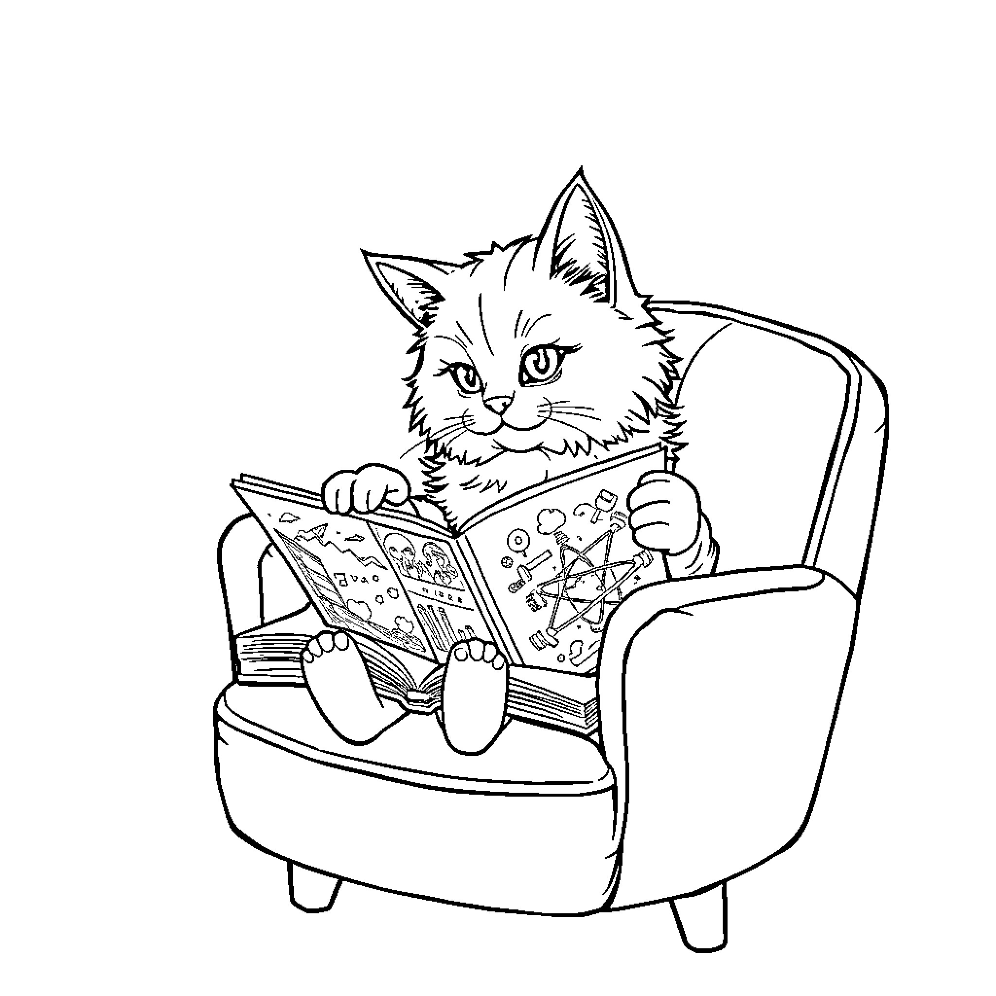 Cat reading a magical book in an armchair Coloring Page (free black-and-white line drawing printable PDF for all, from beginners to advanced learners, including children, teens, adults, and seniors)