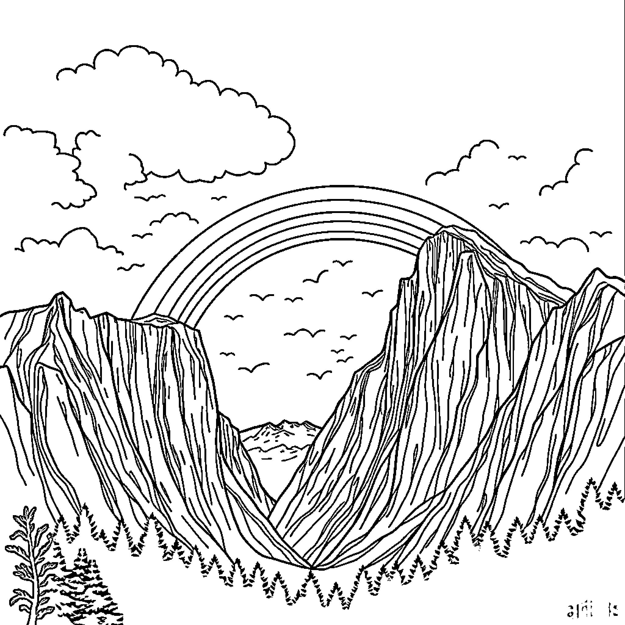 Rainbow Over Majestic Mountain Landscape Coloring Page (free black-and-white line drawing printable PDF for all, from beginners to advanced learners, including children, teens, adults, and seniors)