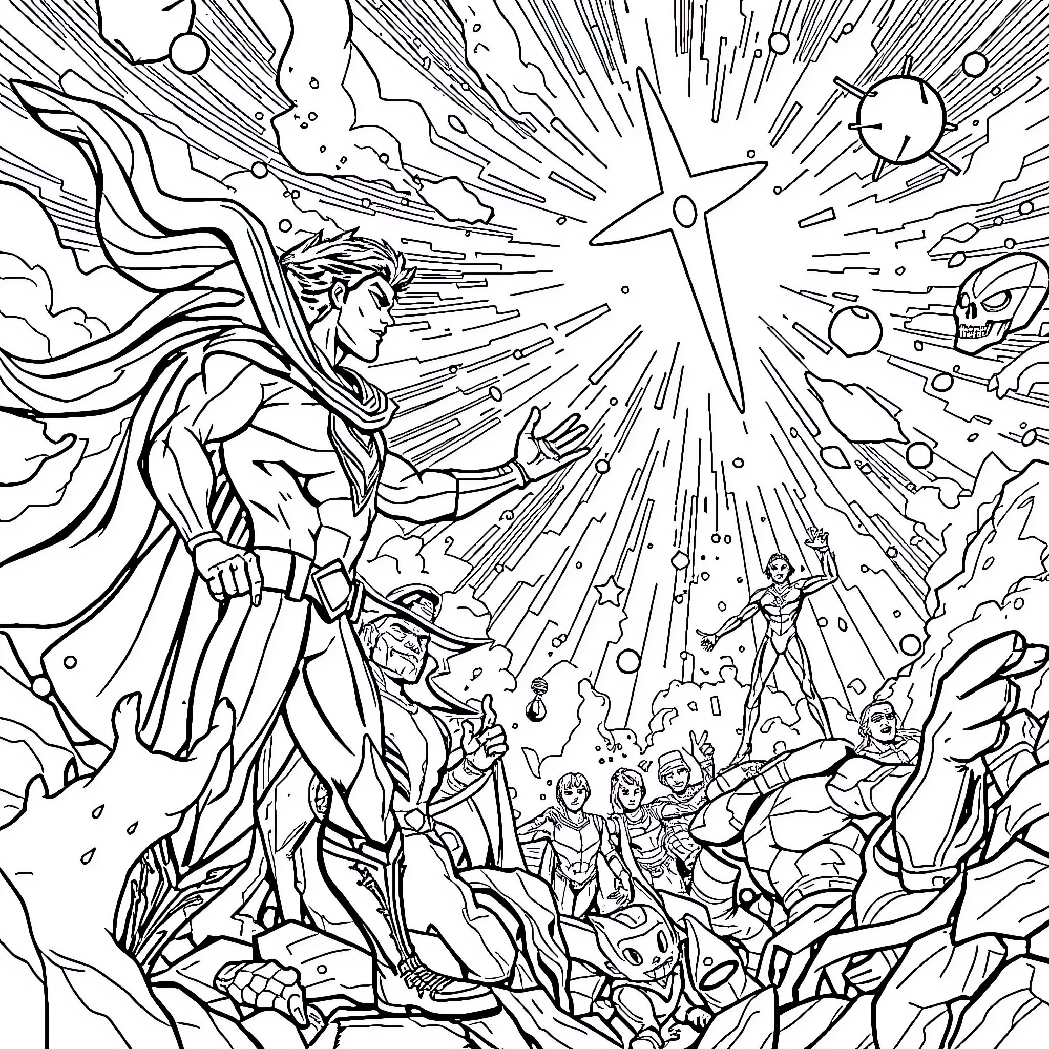 Miraculous Cosmic Battle of Cosmic Heroes Coloring Page (free black-and-white line drawing printable PDF for all, from beginners to advanced learners, including children, teens, adults, and seniors)