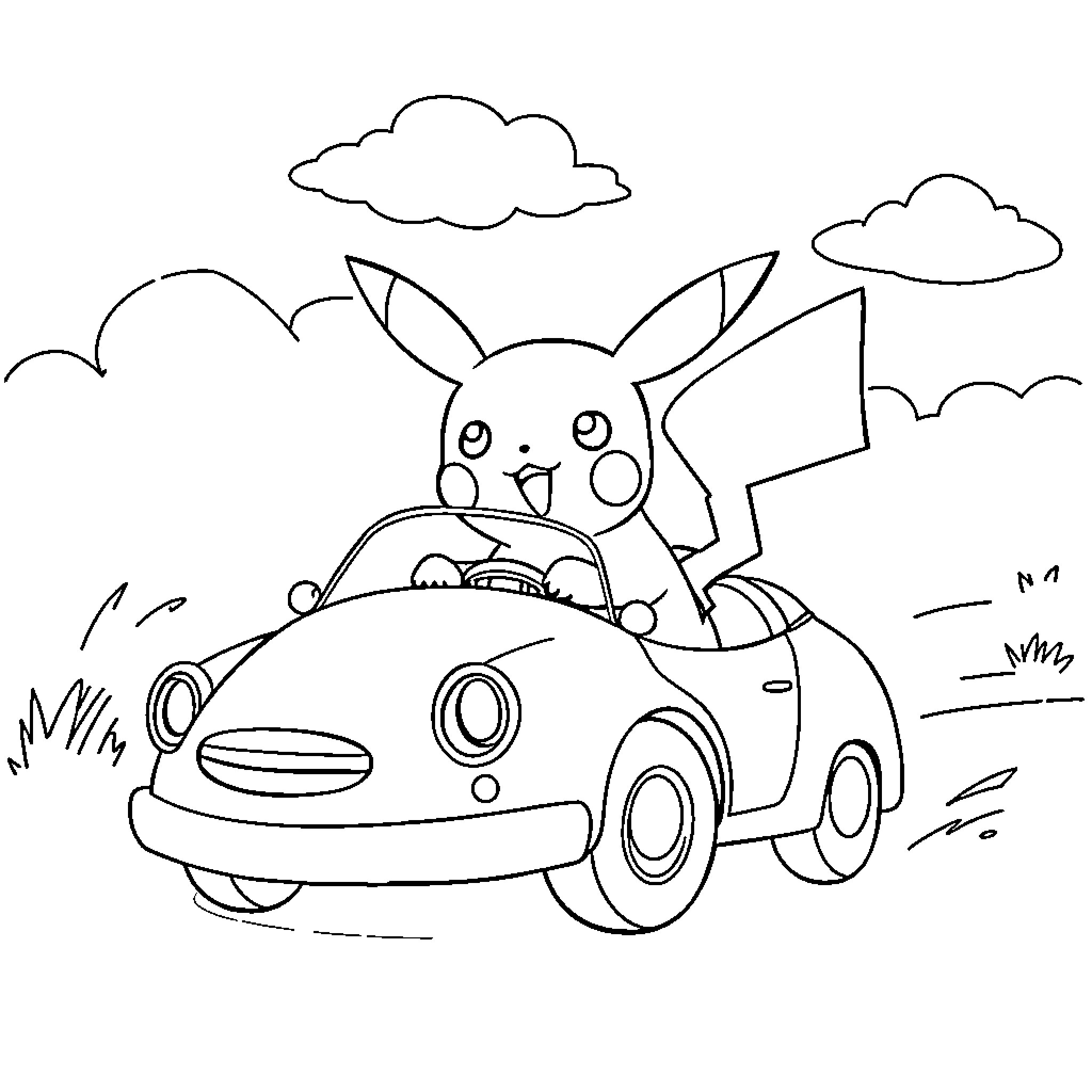 Pikachu driving a car happily in the park Coloring Page (free black-and-white line drawing printable PDF for all, from beginners to advanced learners, including children, teens, adults, and seniors)