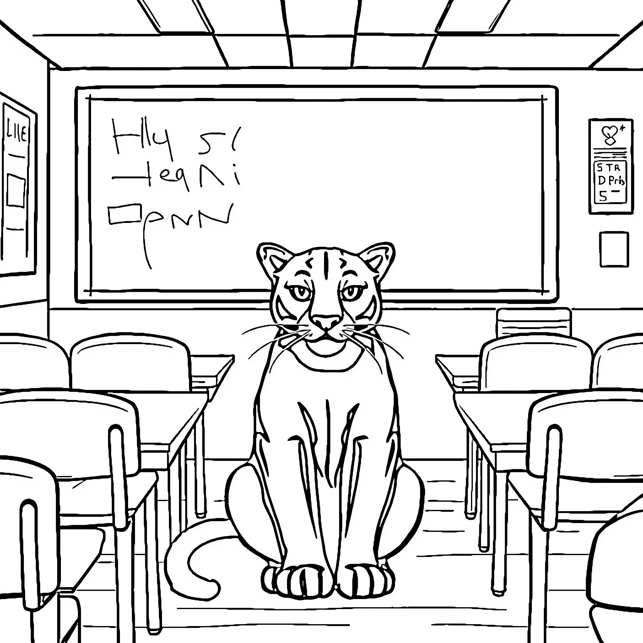Panther sits calmly in empty classroom Coloring Page (free black-and-white line drawing printable PDF for all, from beginners to advanced learners, including children, teens, adults, and seniors)