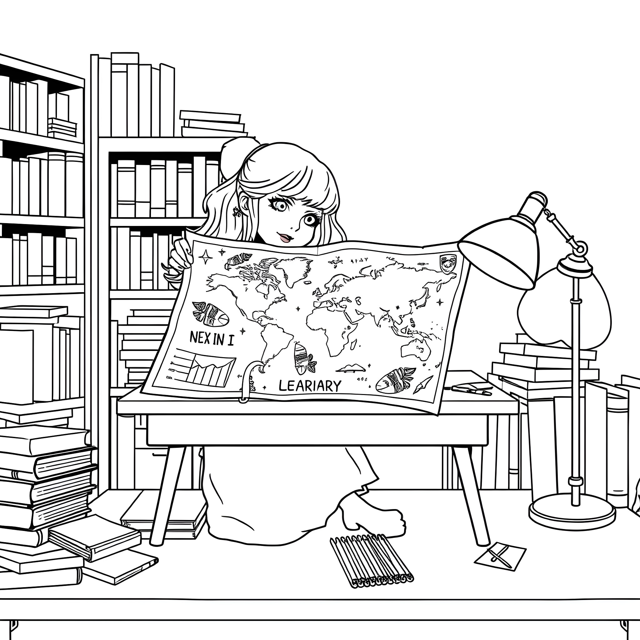 Lily exploring the world in a cozy library Coloring Page (free black-and-white line drawing printable PDF for all, from beginners to advanced learners, including children, teens, adults, and seniors)