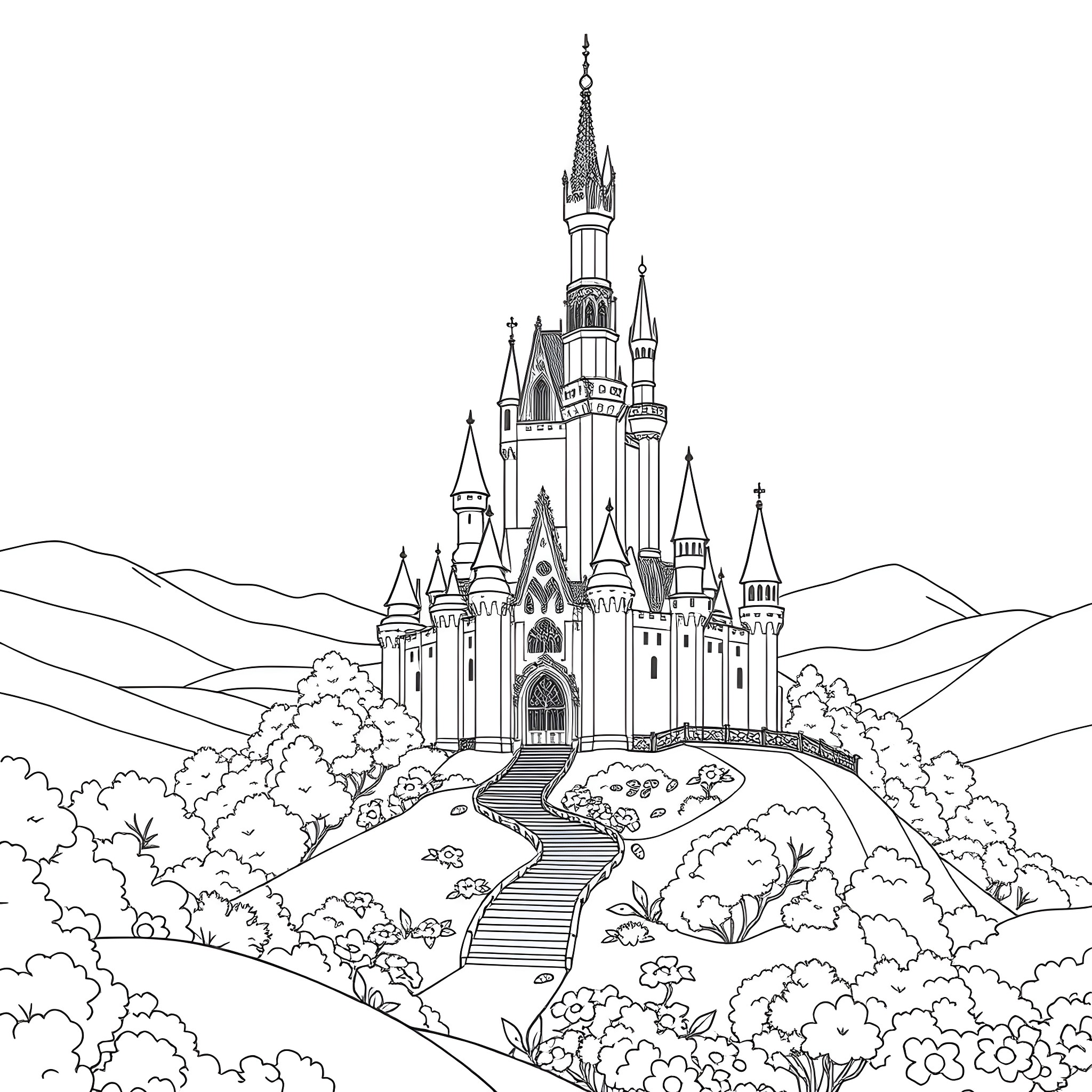 Aurora's Enchanting Castle in the Magical Landscape Coloring Page (free black-and-white line drawing printable PDF for all, from beginners to advanced learners, including children, teens, adults, and seniors)