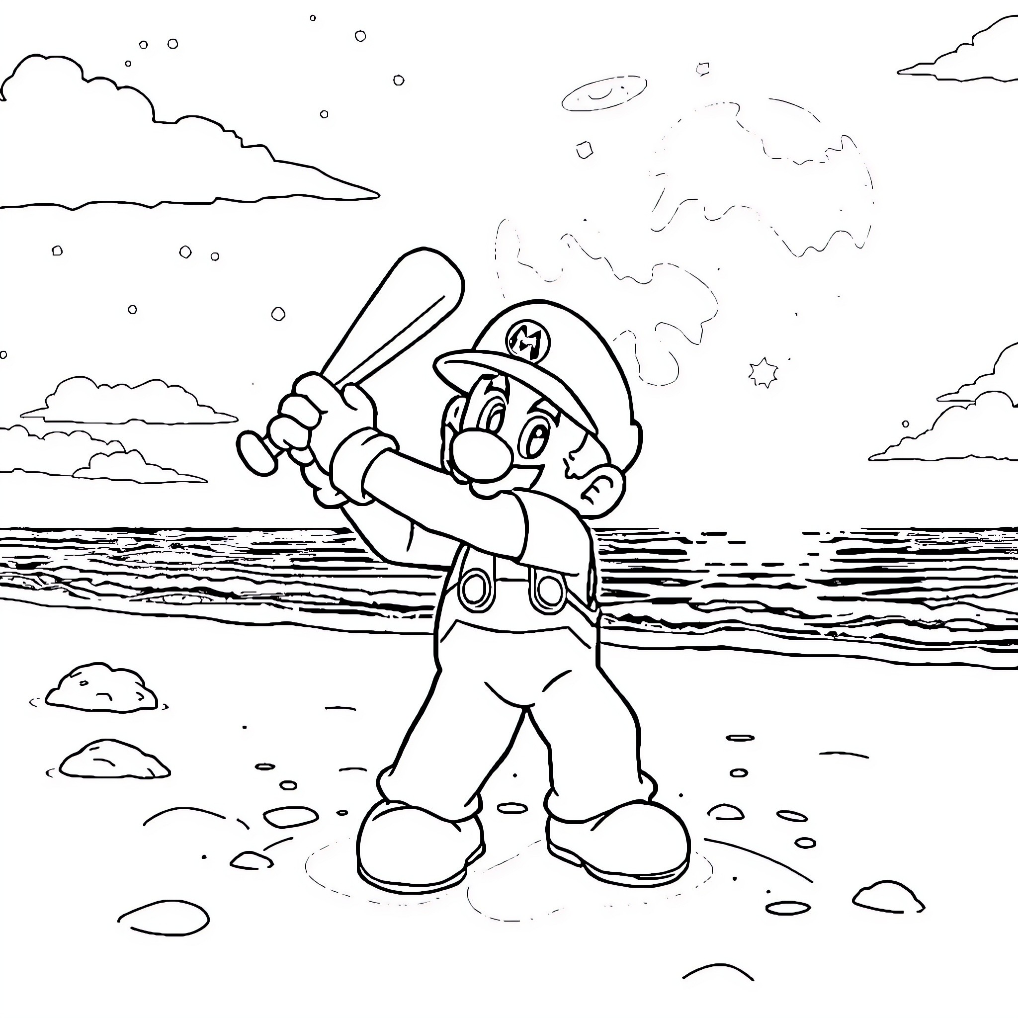 Mario enjoying a day at the beach Coloring Page (free black-and-white line drawing printable PDF for all, from beginners to advanced learners, including children, teens, adults, and seniors)