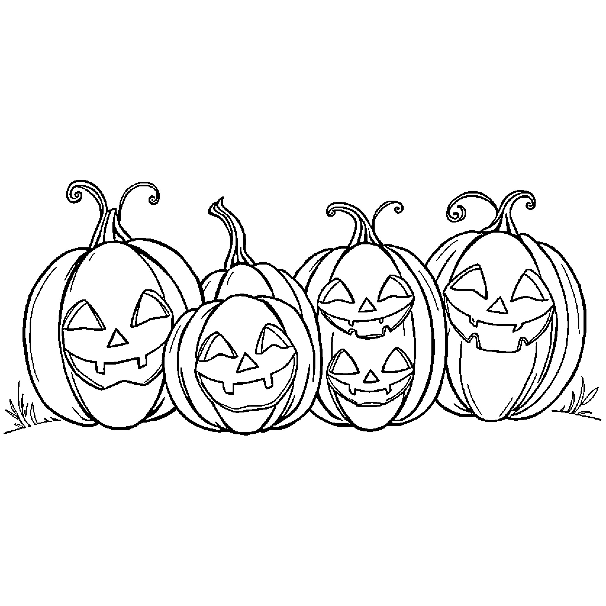 Pumpkins with Carved Faces in a Row Coloring Page (free black-and-white line drawing printable PDF for all, from beginners to advanced learners, including children, teens, adults, and seniors)