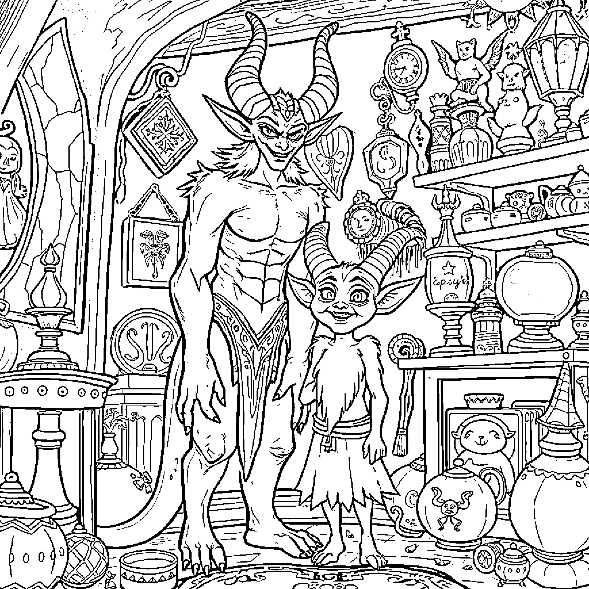 Stolas showcasing his demonic realm with various fantastical objects Coloring Page (free black-and-white line drawing printable PDF for all, from beginners to advanced learners, including children, teens, adults, and seniors)