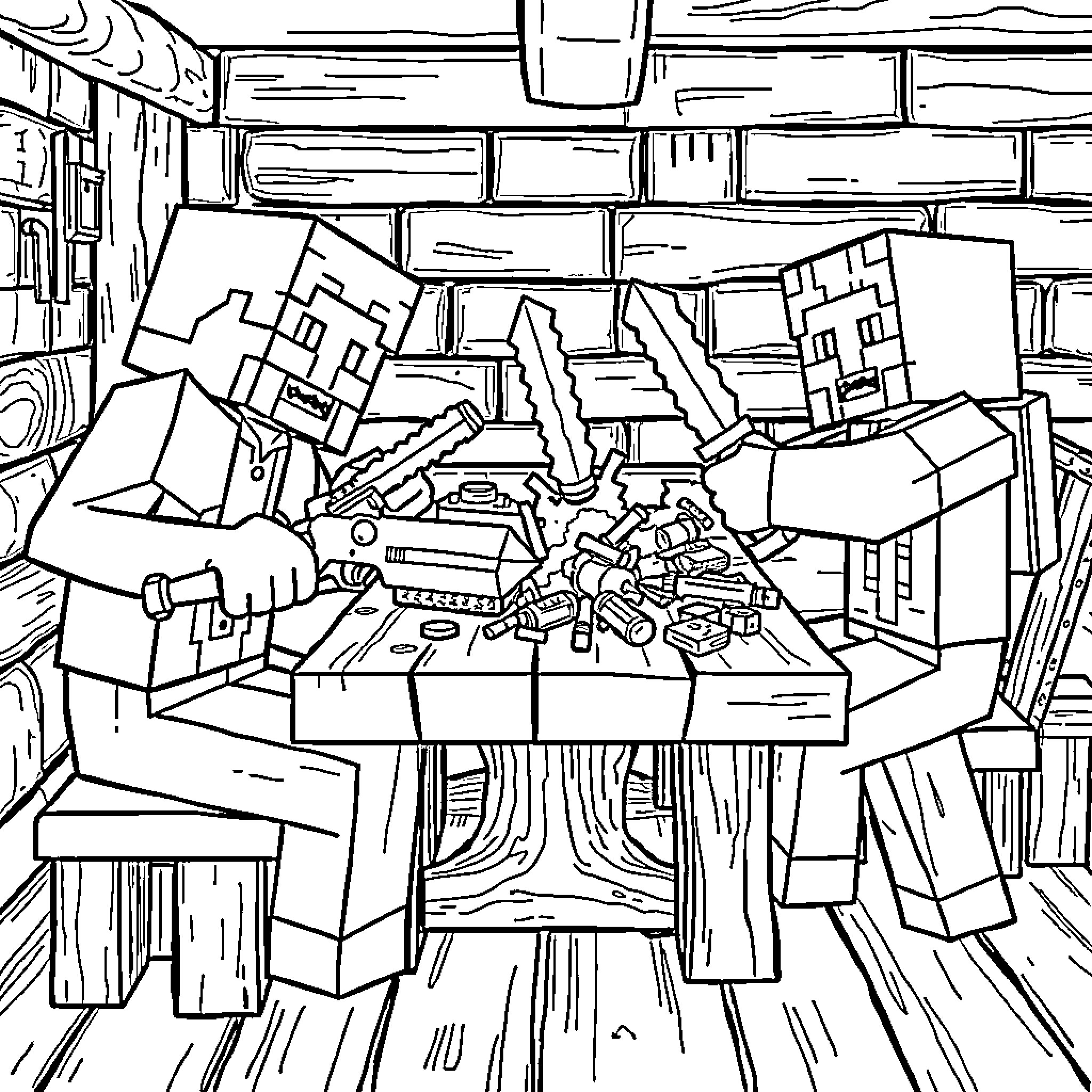 Mine Craft: Destroyed structures and scattered debris Coloring Page (free black-and-white line drawing printable PDF for all, from beginners to advanced learners, including children, teens, adults, and seniors)