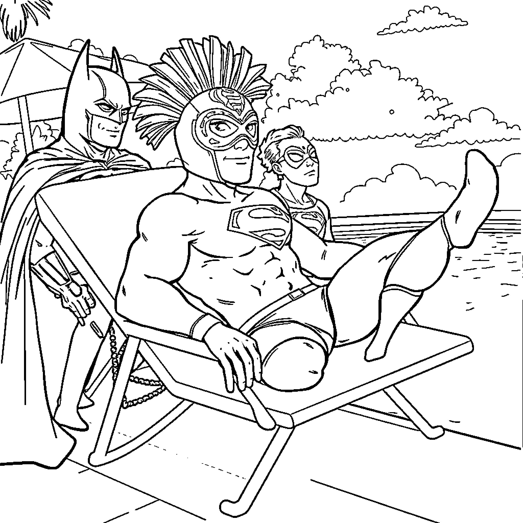 Luchador heroes relaxing on the beach Coloring Page (free black-and-white line drawing printable PDF for all, from beginners to advanced learners, including children, teens, adults, and seniors)