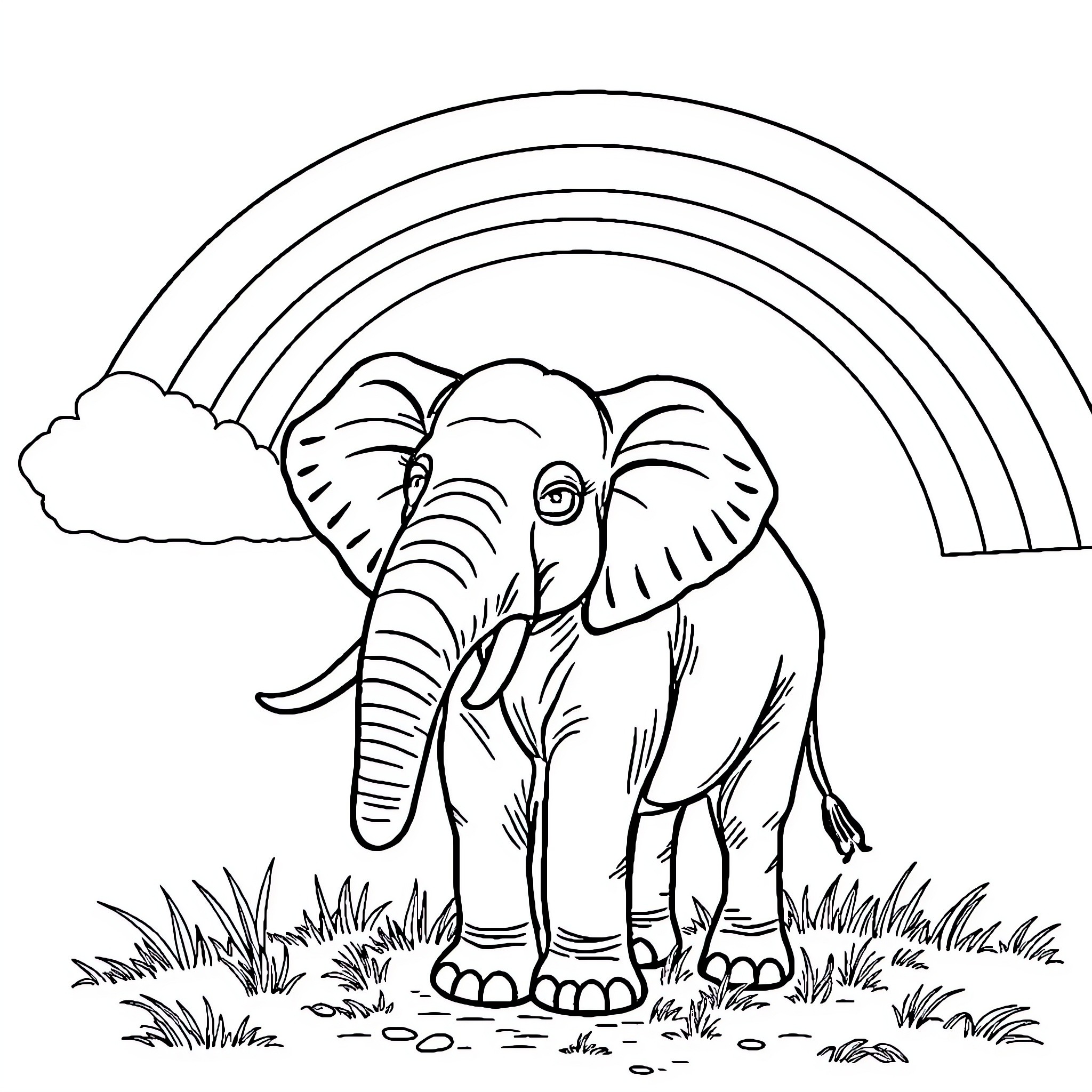 Elephant standing in nature with rainbow Coloring Page (free black-and-white line drawing printable PDF for all, from beginners to advanced learners, including children, teens, adults, and seniors)