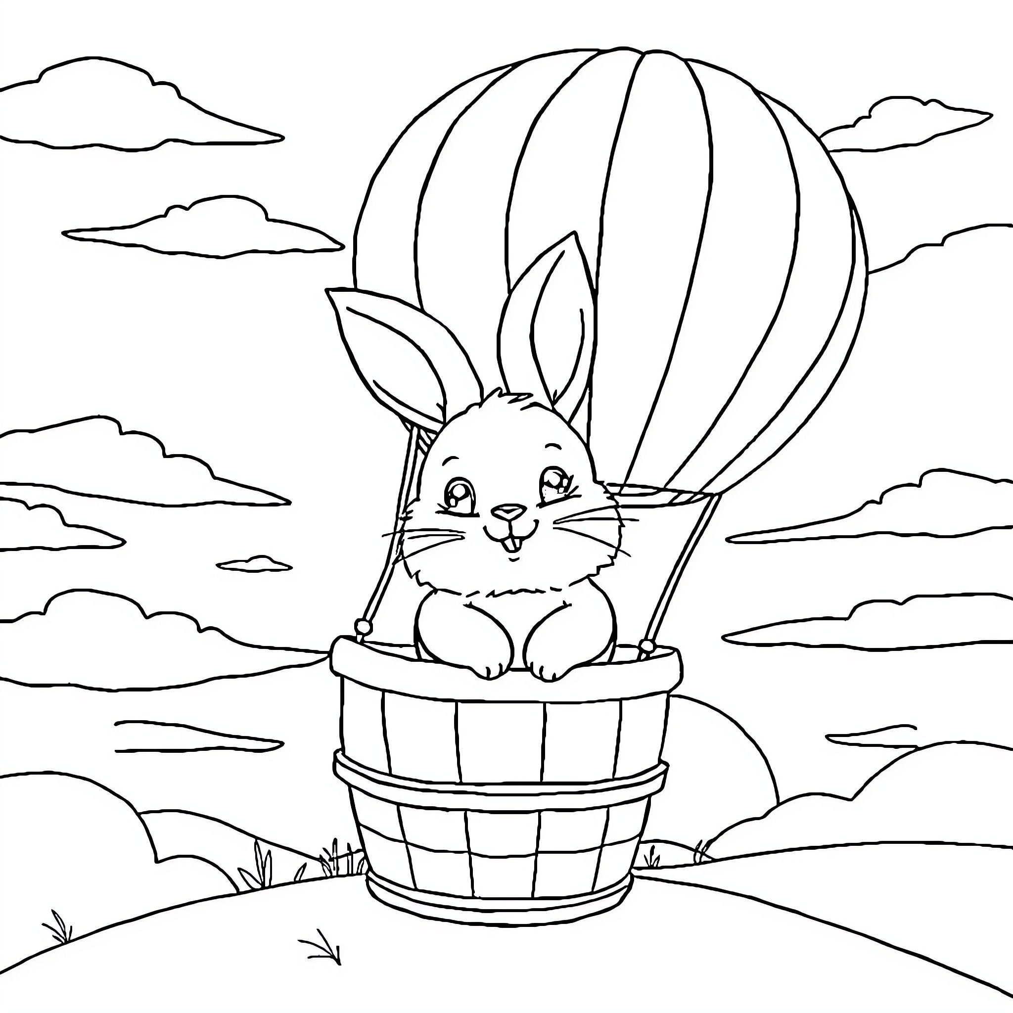 Rabbit enjoying a hot air balloon ride Coloring Page (free black-and-white line drawing printable PDF for all, from beginners to advanced learners, including children, teens, adults, and seniors)