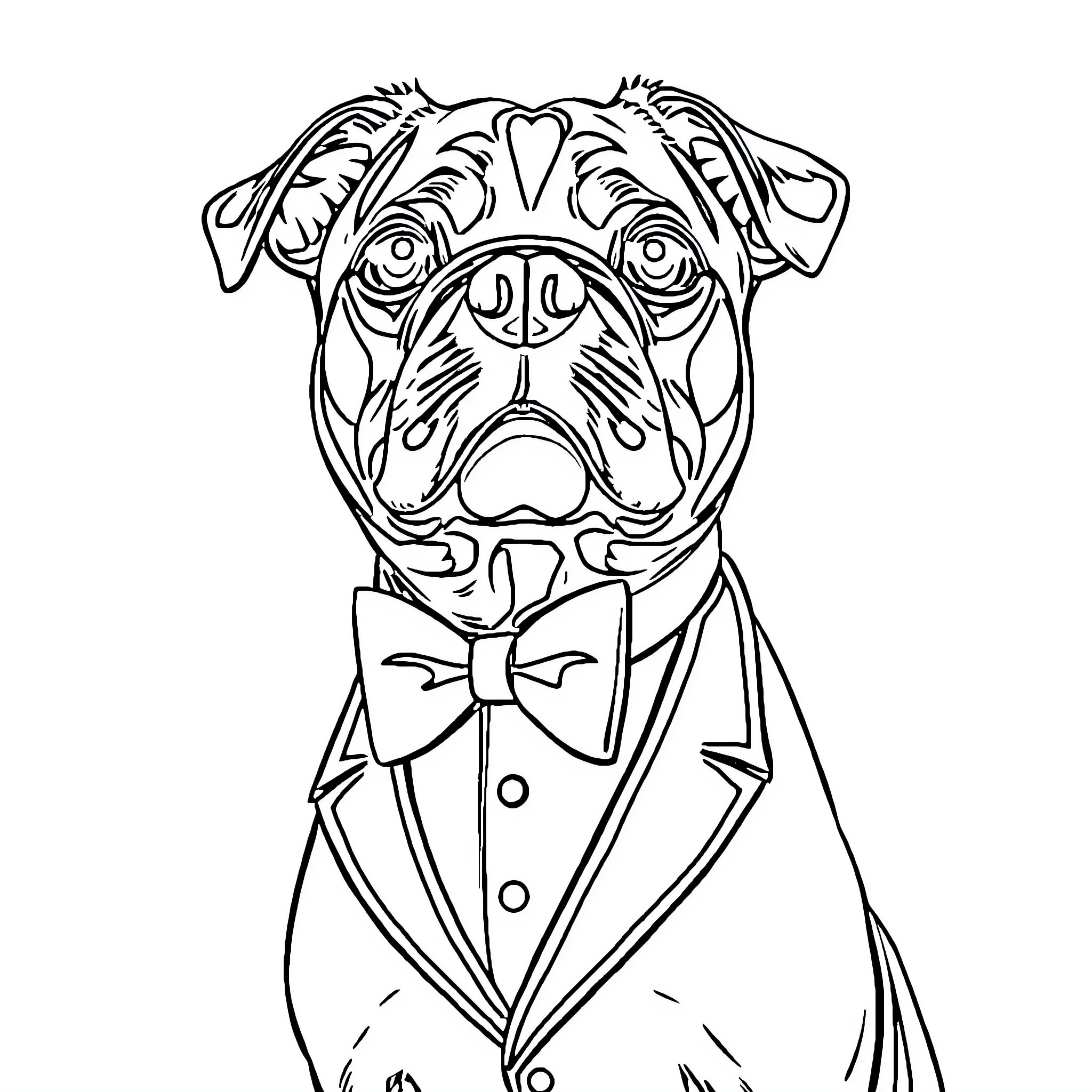 Dog dressed in formal attire Coloring Page (free black-and-white line drawing printable PDF for all, from beginners to advanced learners, including children, teens, adults, and seniors)