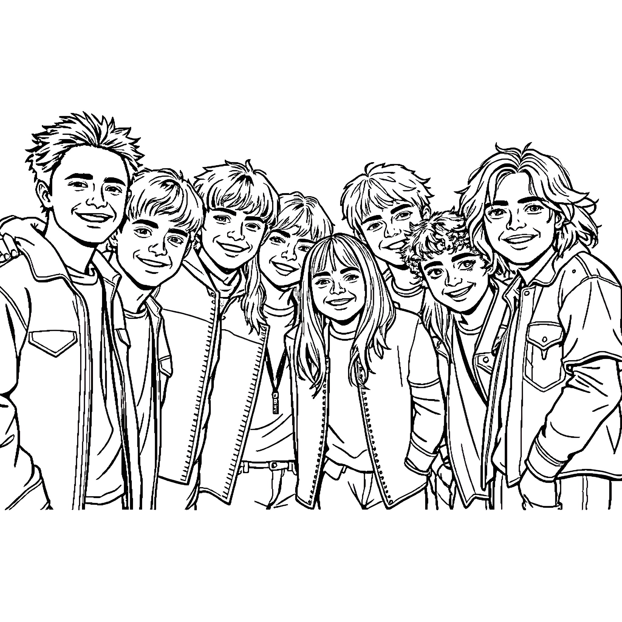Stray Kids group portrait with diverse expressions Coloring Page (free black-and-white line drawing printable PDF for all, from beginners to advanced learners, including children, teens, adults, and seniors)