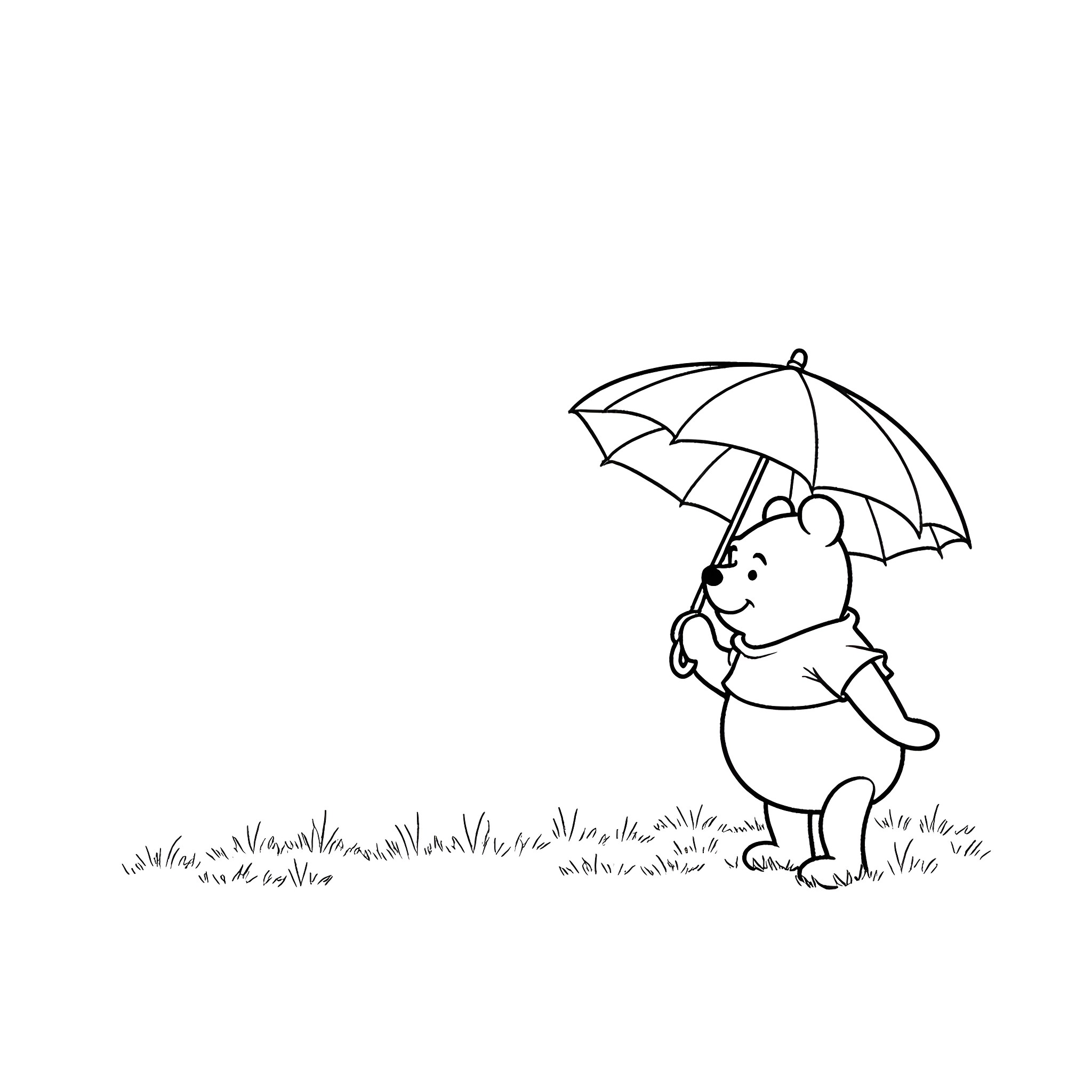 Winnie The Pooh exploring with umbrella on a rainy day Coloring Page (free black-and-white line drawing printable PDF for all, from beginners to advanced learners, including children, teens, adults, and seniors)
