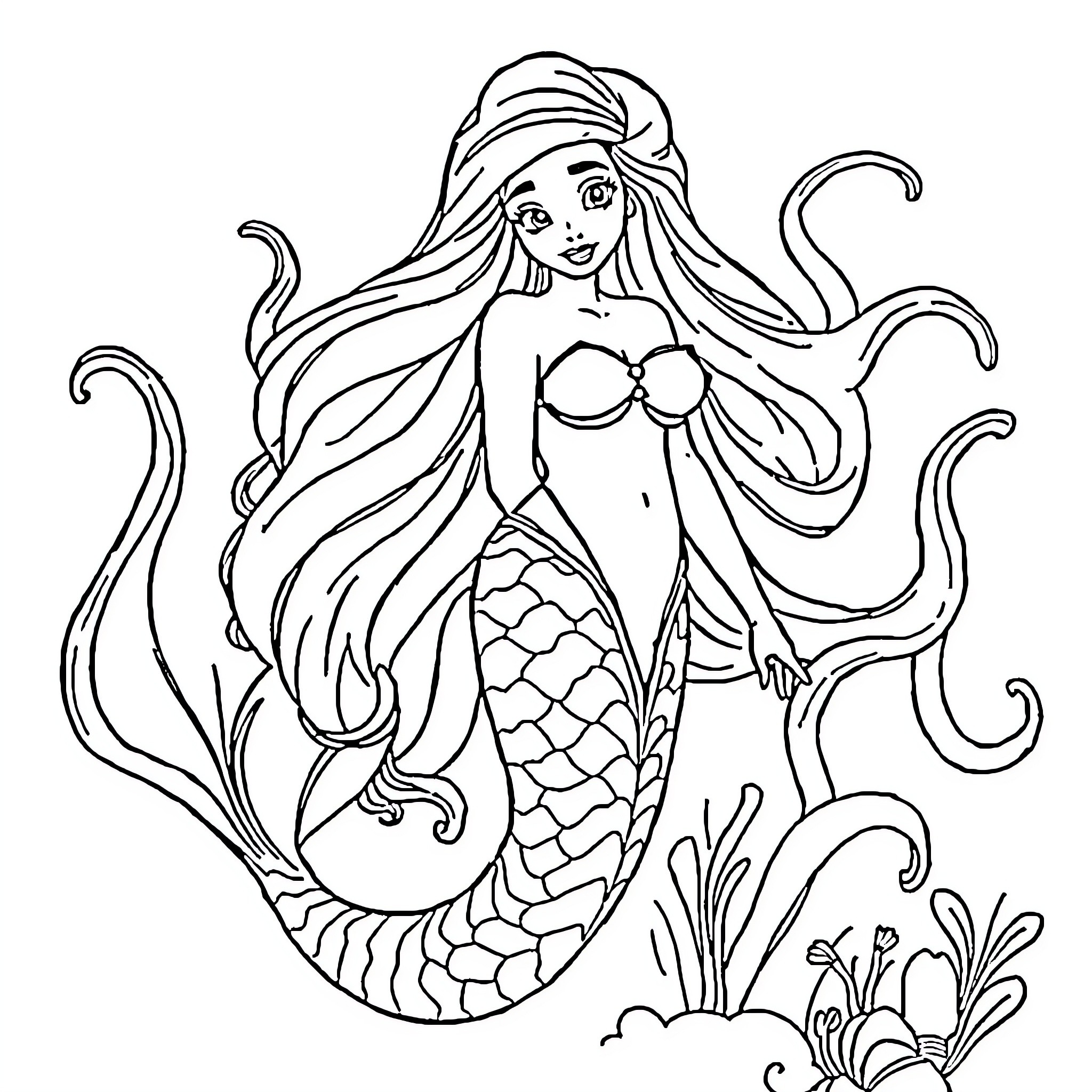 Ariel the Mermaid in Underwater Adventure Coloring Page (free black-and-white line drawing printable PDF for all, from beginners to advanced learners, including children, teens, adults, and seniors)