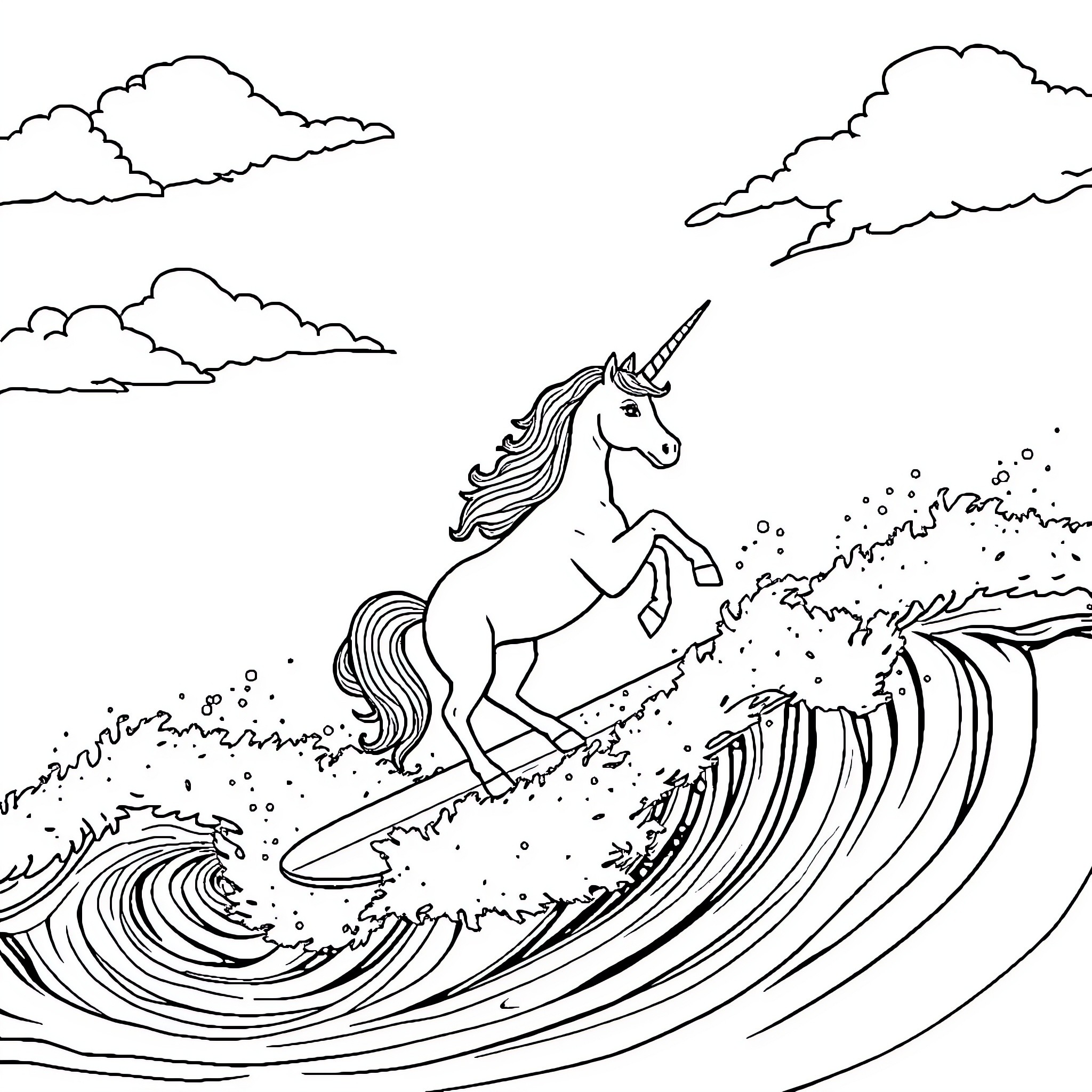 Unicorn surfing on a magical wave Coloring Page (free black-and-white line drawing printable PDF for all, from beginners to advanced learners, including children, teens, adults, and seniors)