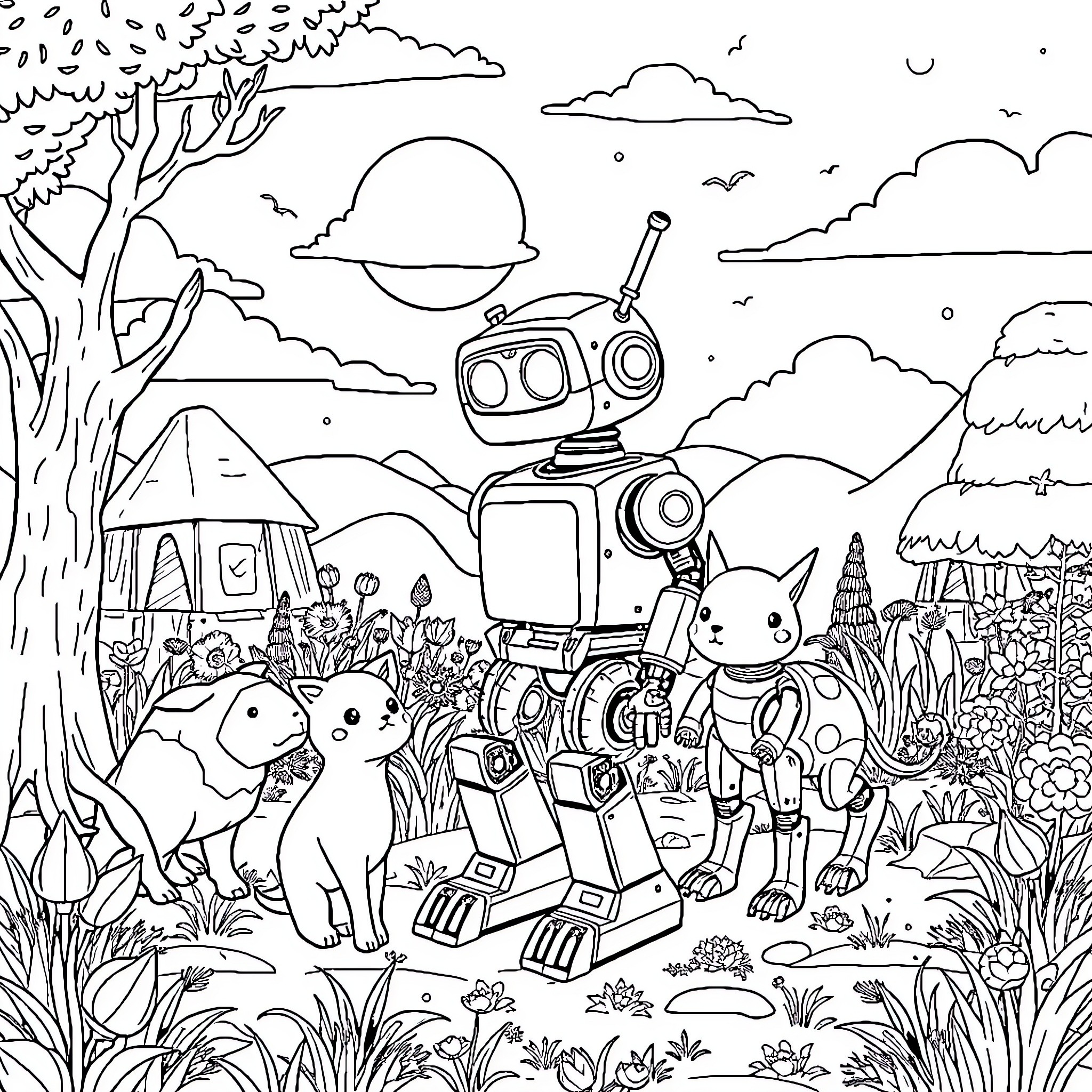 Robot Farm with Friendly Robots and Animals Coloring Page (free black-and-white line drawing printable PDF for all, from beginners to advanced learners, including children, teens, adults, and seniors)