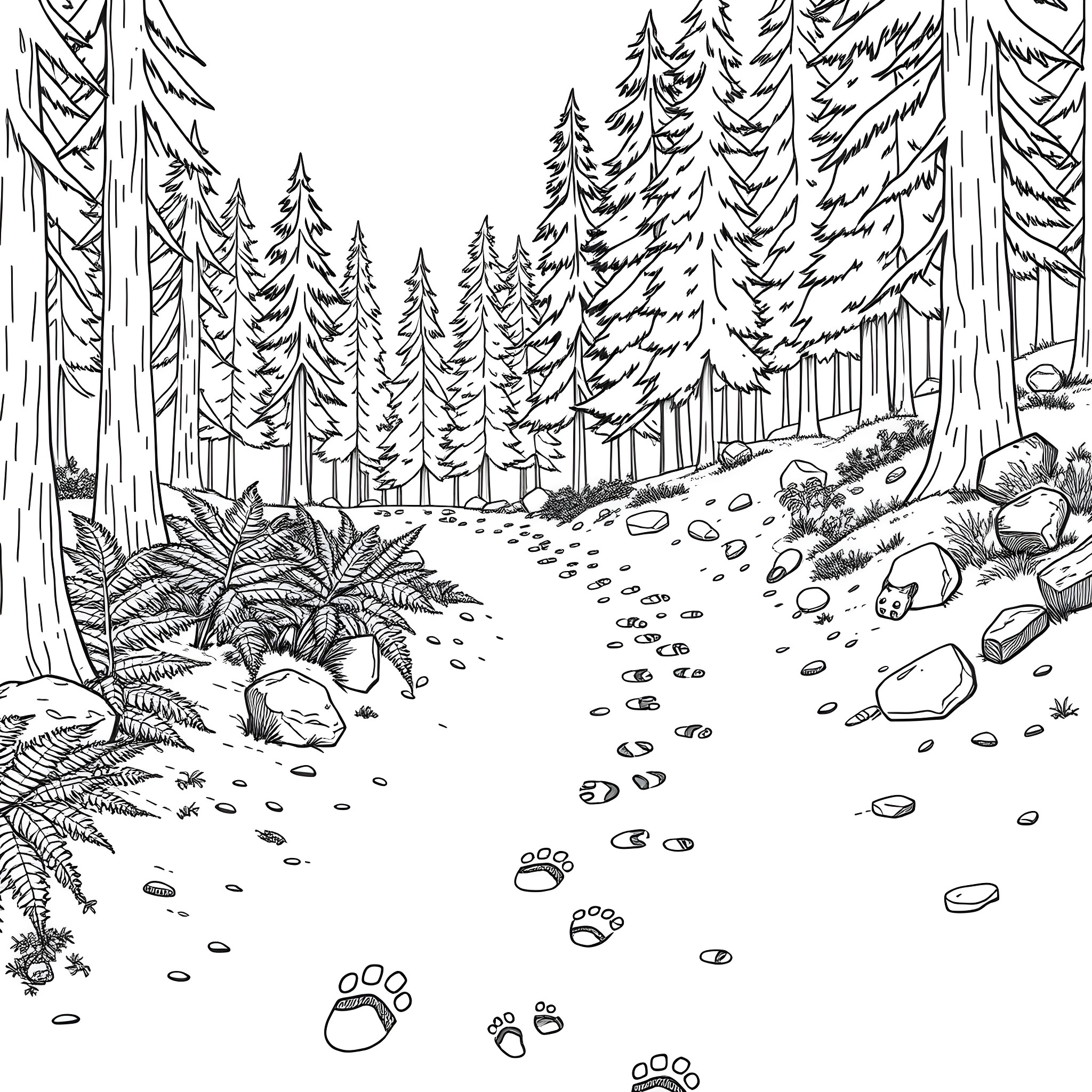 Animal Footprint in the Enchanted Forest Coloring Page (free black-and-white line drawing printable PDF for all, from beginners to advanced learners, including children, teens, adults, and seniors)