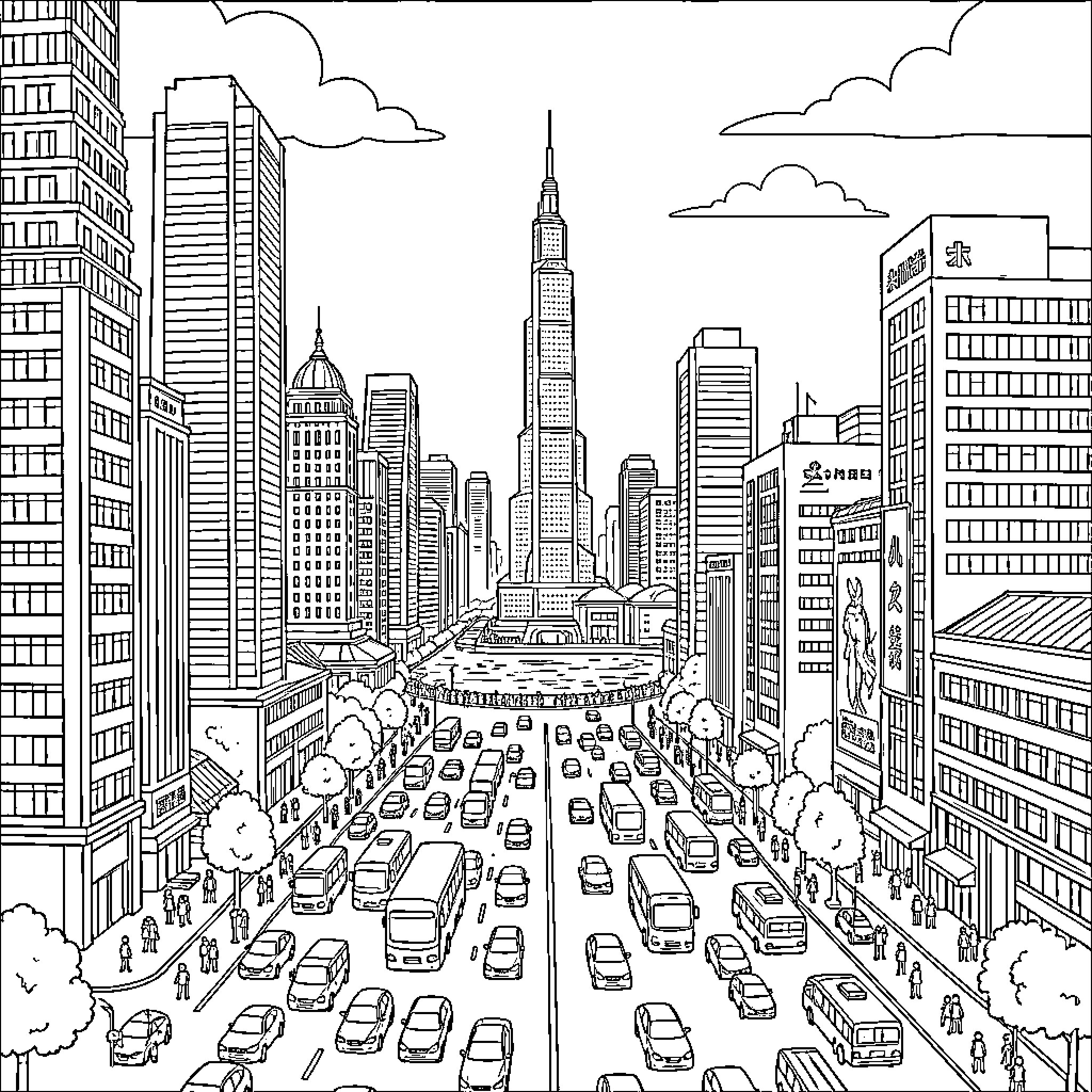 Shanghai cityscape featuring busy streets and towering skyscrapers Coloring Page (free black-and-white line drawing printable PDF for all, from beginners to advanced learners, including children, teens, adults, and seniors)