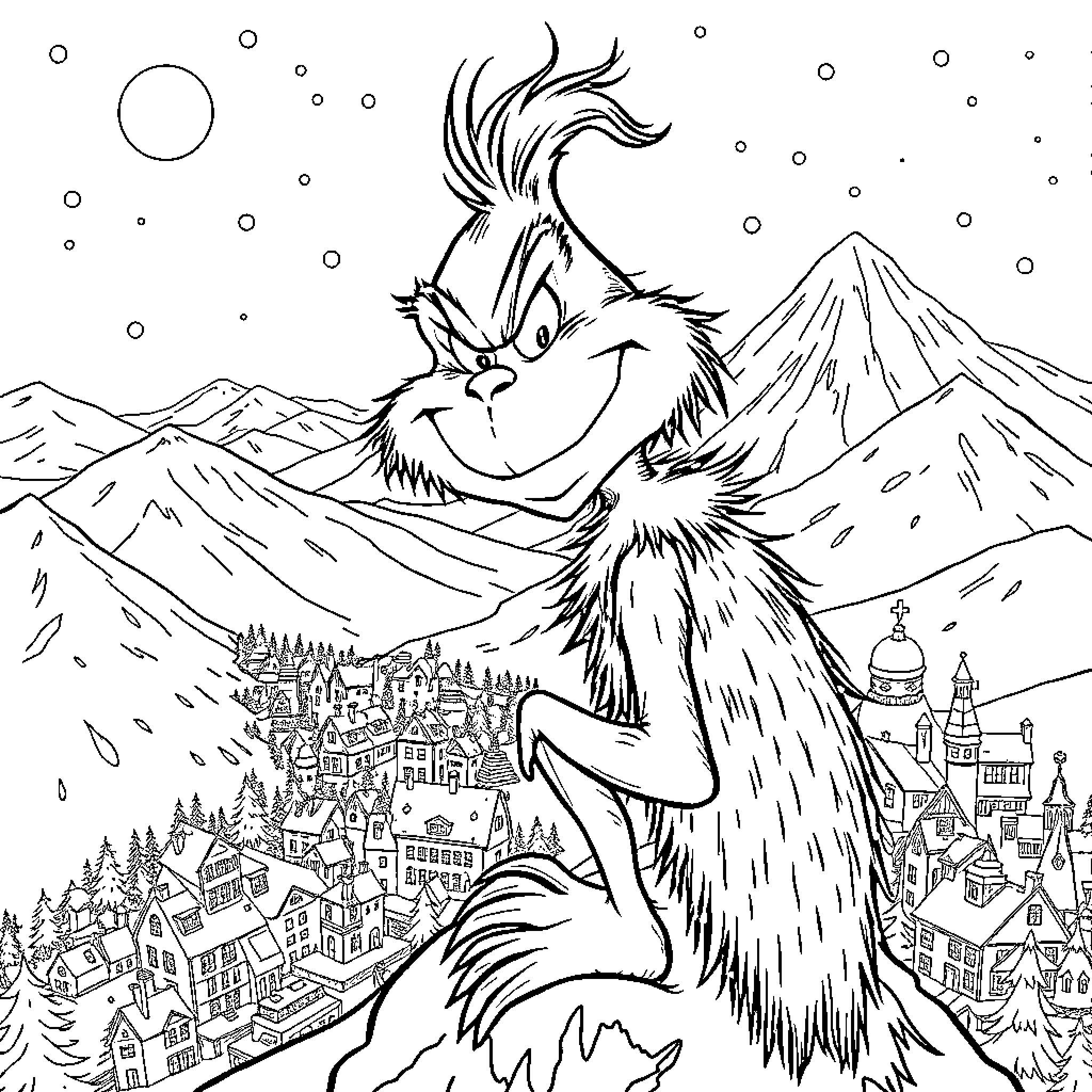 Grinch overlooking the wintery town below Coloring Page (free black-and-white line drawing printable PDF for all, from beginners to advanced learners, including children, teens, adults, and seniors)
