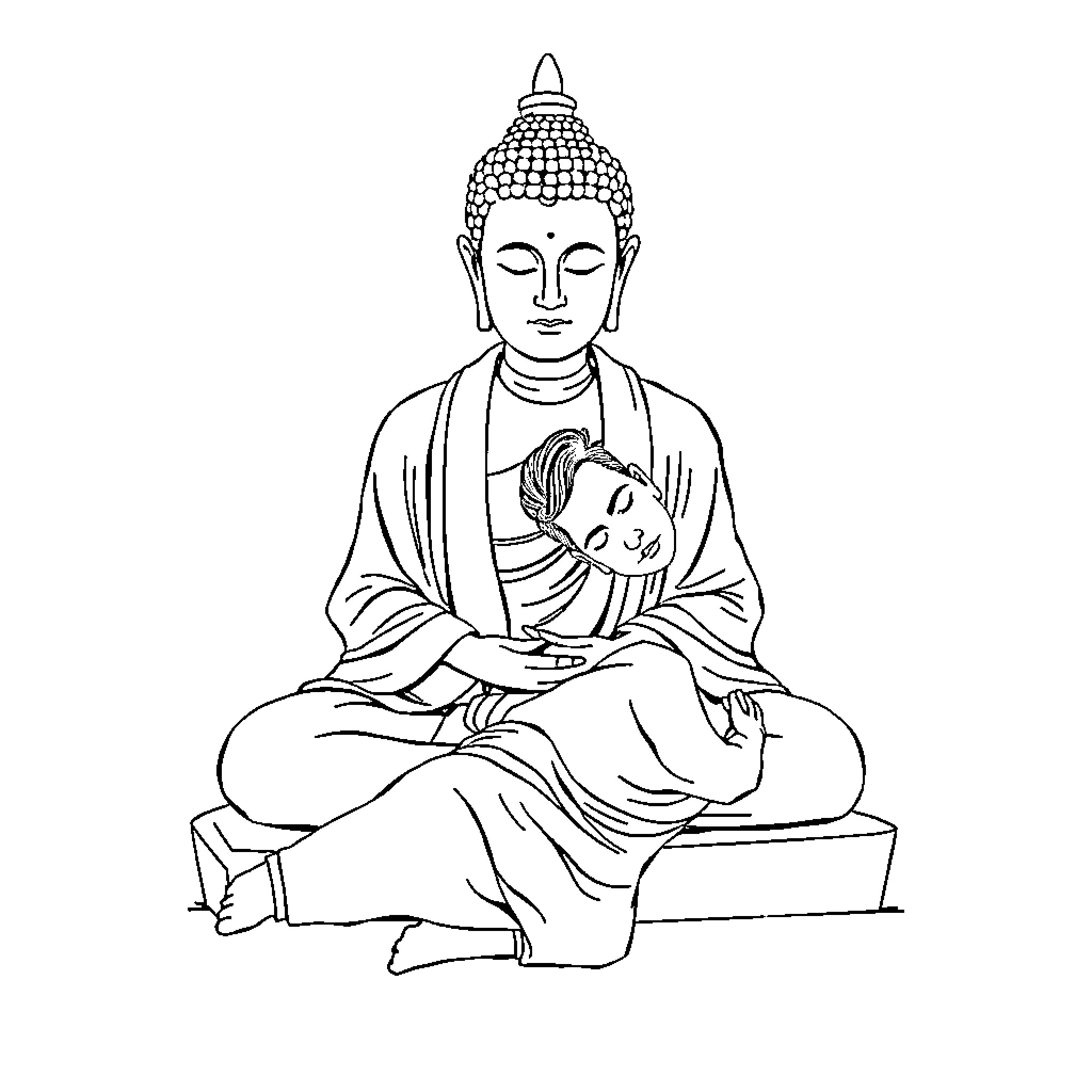 Buddha in meditative pose Coloring Page (free black-and-white line drawing printable PDF for all, from beginners to advanced learners, including children, teens, adults, and seniors)