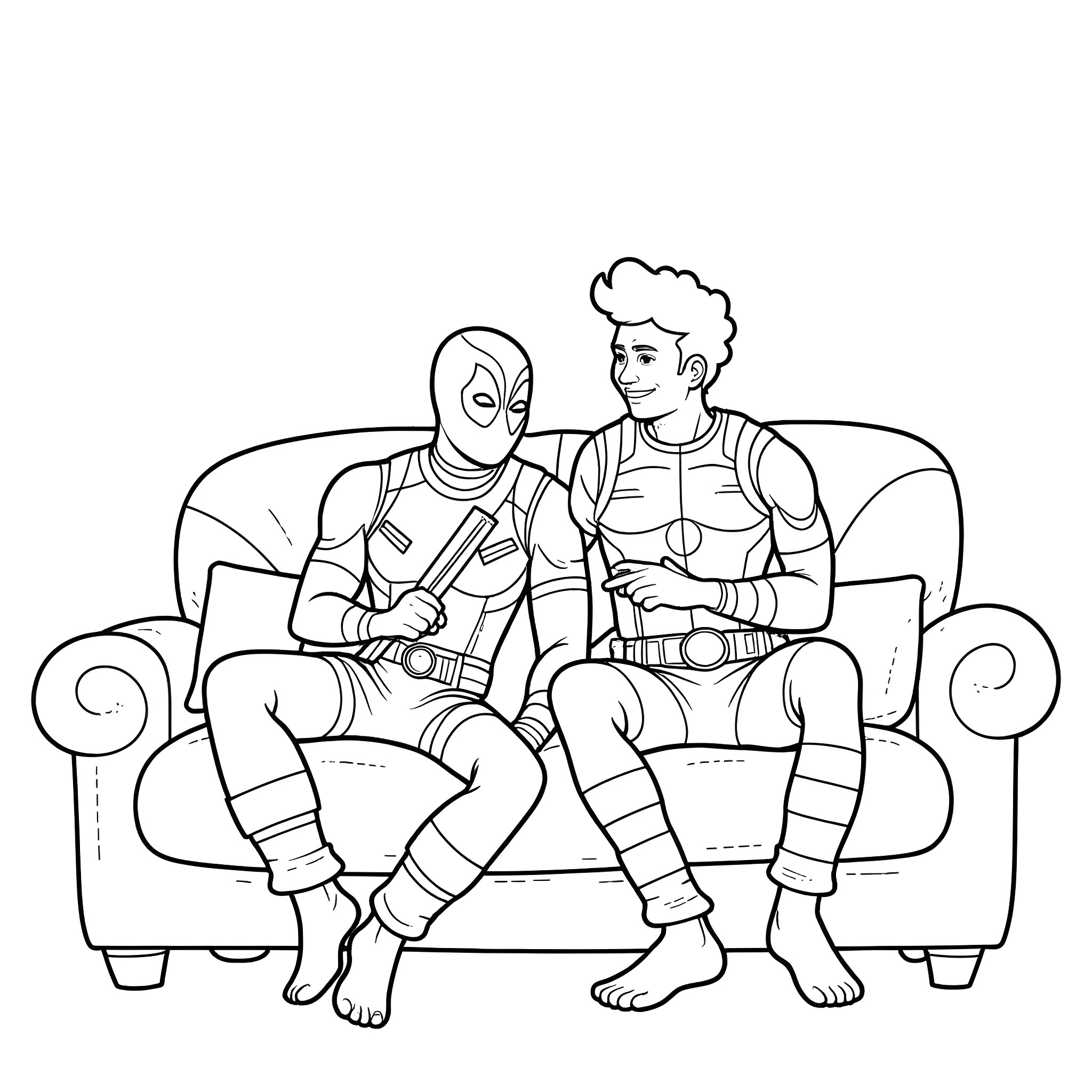 Deadpool and companion in casual attire Coloring Page (free black-and-white line drawing printable PDF for all, from beginners to advanced learners, including children, teens, adults, and seniors)